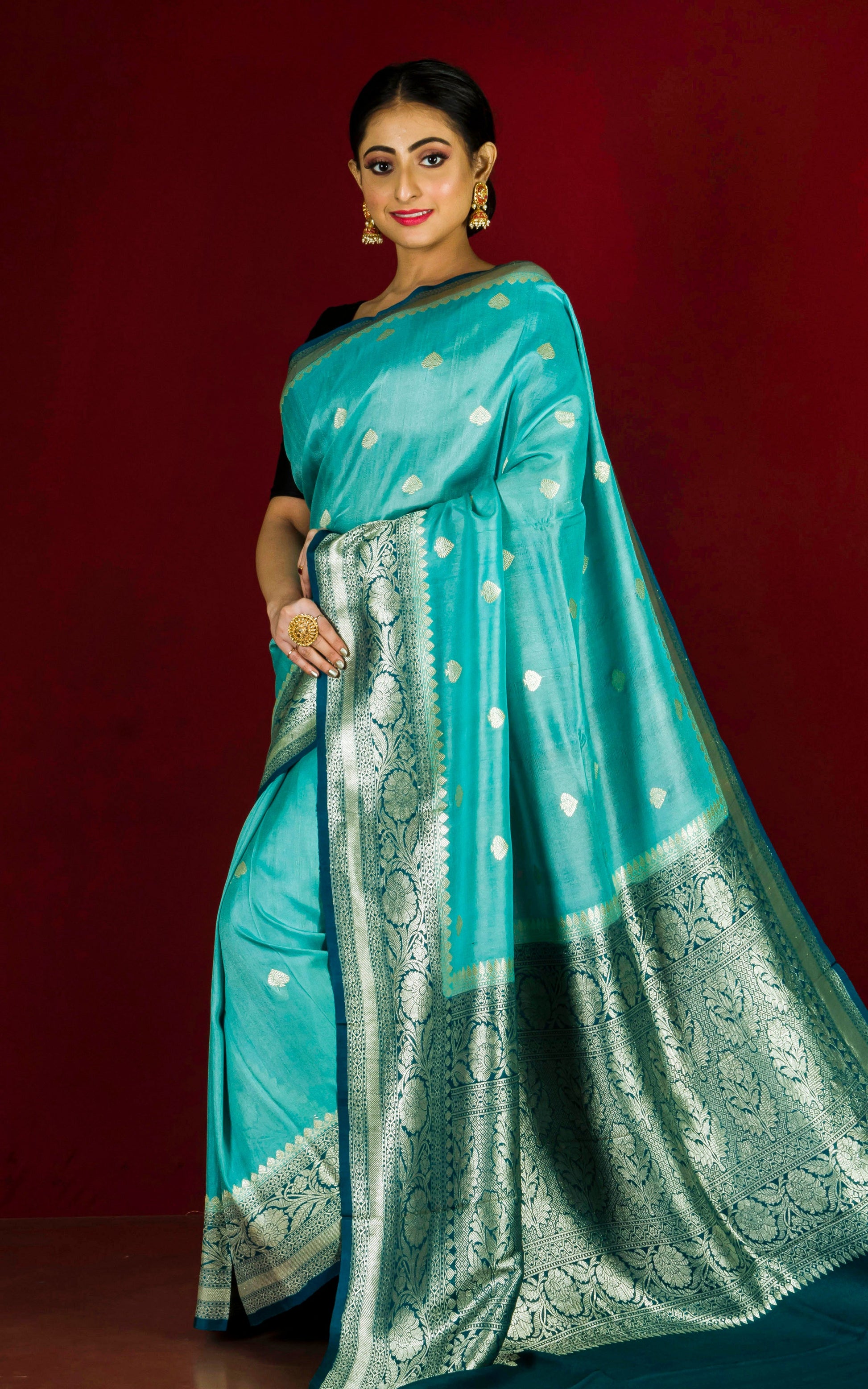 Premium Tussar Khaddi Georgette Banarasi Saree in Teal and Aegean Blue