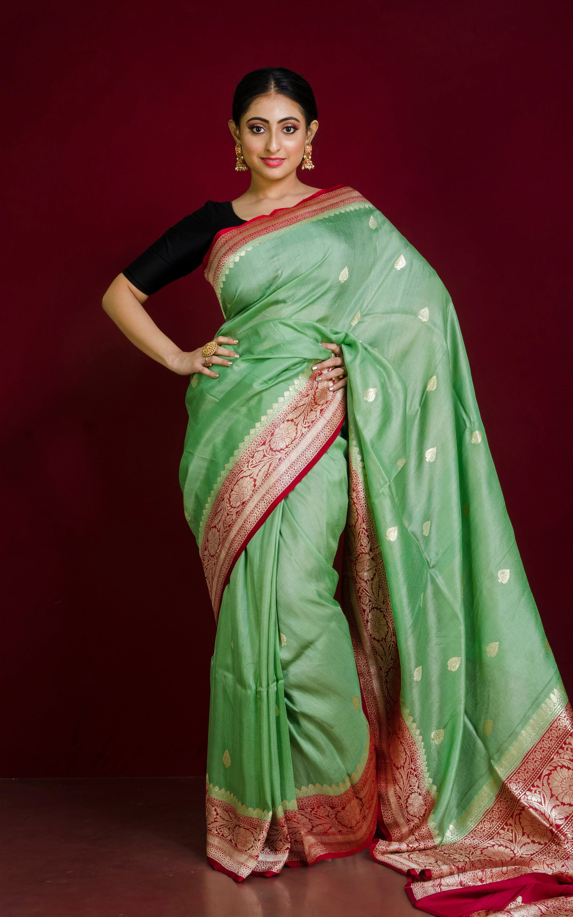 Premium Tussar Khaddi Georgette Banarasi Saree in Jade Green and Sienna Brown