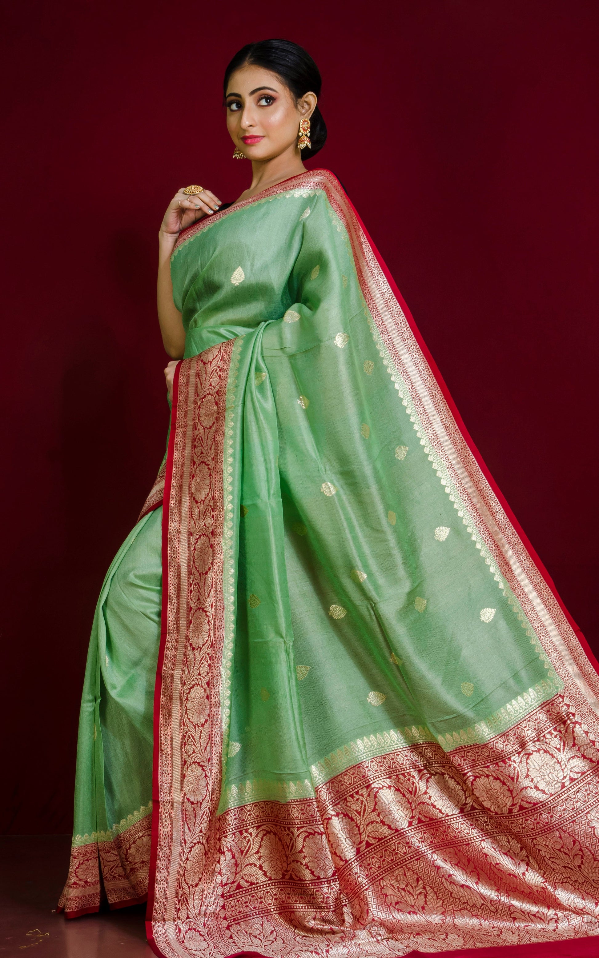 Premium Tussar Khaddi Georgette Banarasi Saree in Jade Green and Sienna Brown