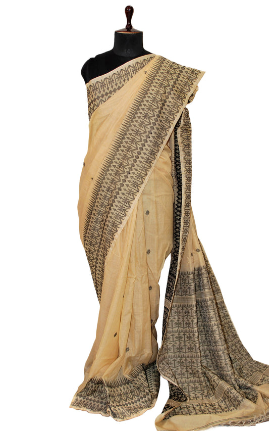 Handwoven Tussar Silk Jamdani Saree in Beige and Black