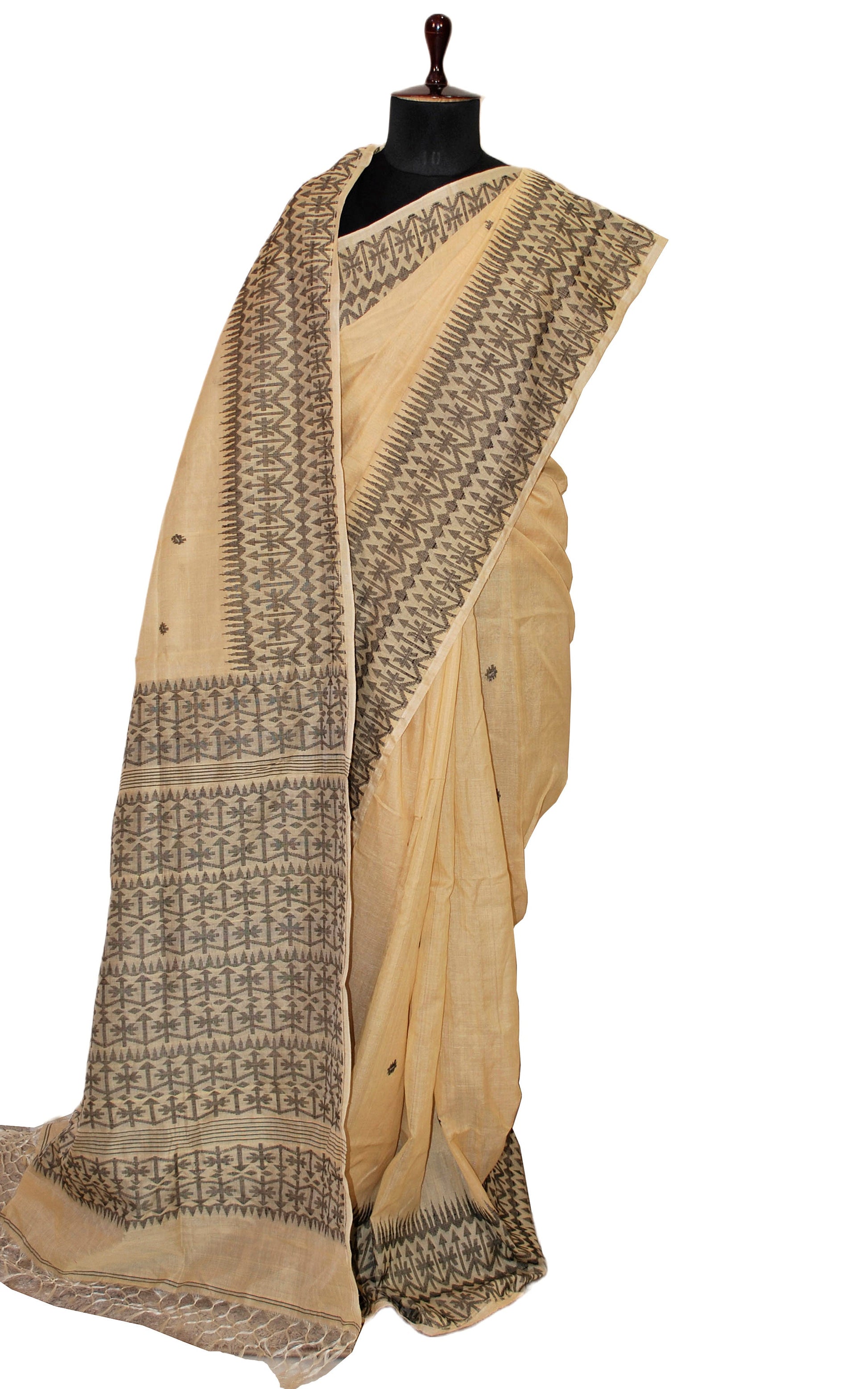 Handwoven Tussar Silk Jamdani Saree in Beige and Black