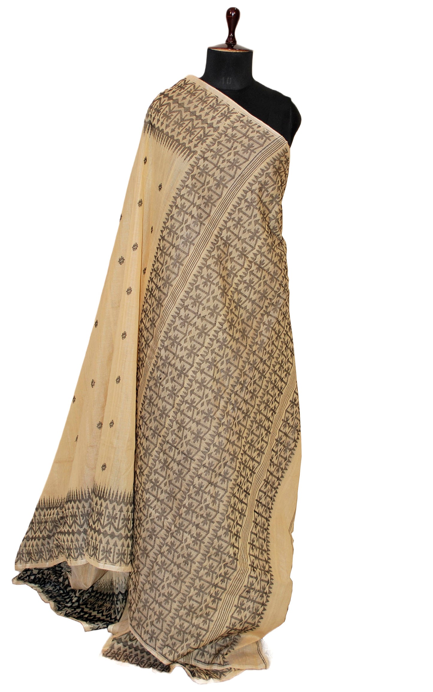 Handwoven Tussar Silk Jamdani Saree in Beige and Black