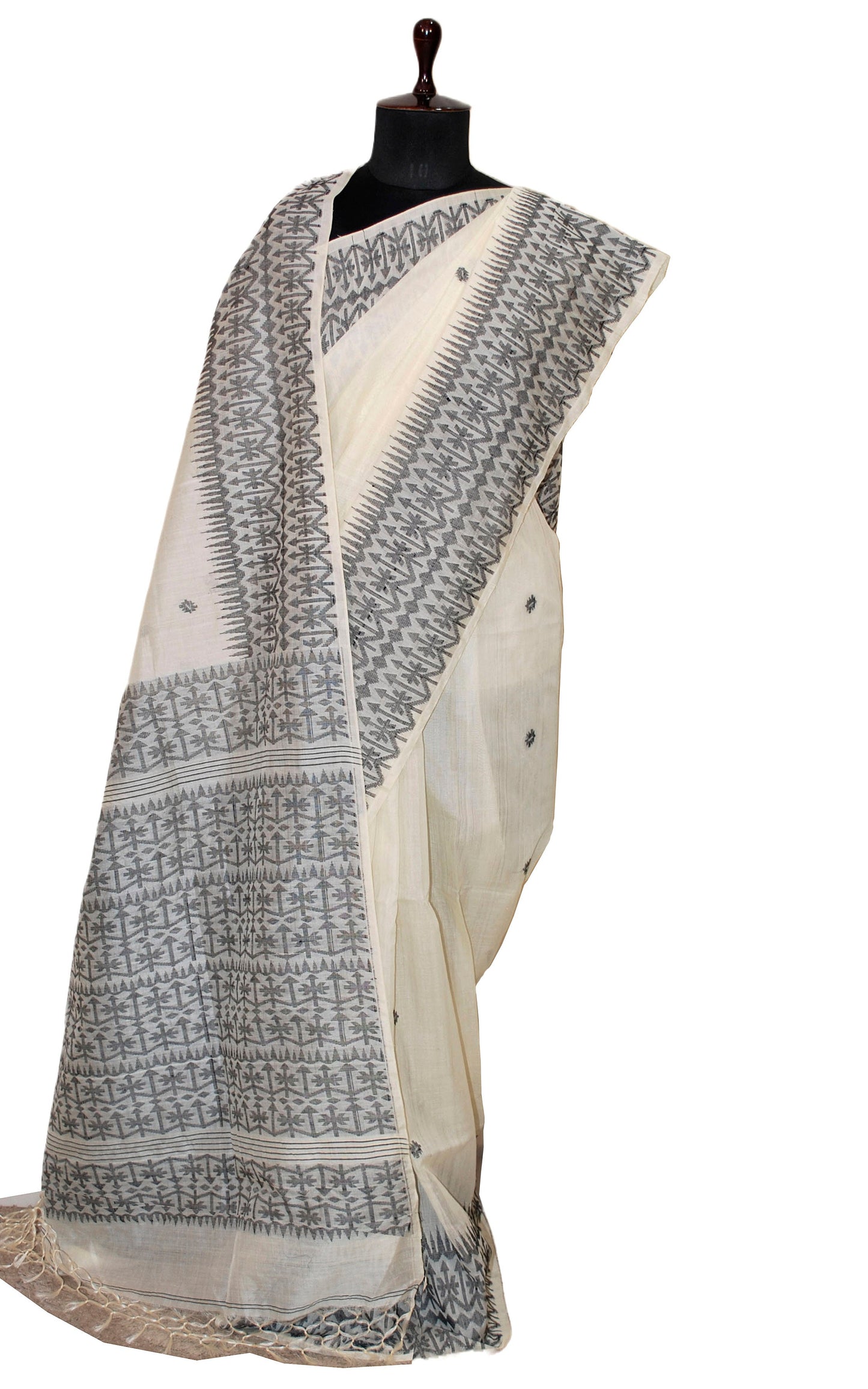 Handwoven Tussar Silk Jamdani Saree in Cotton White and Black