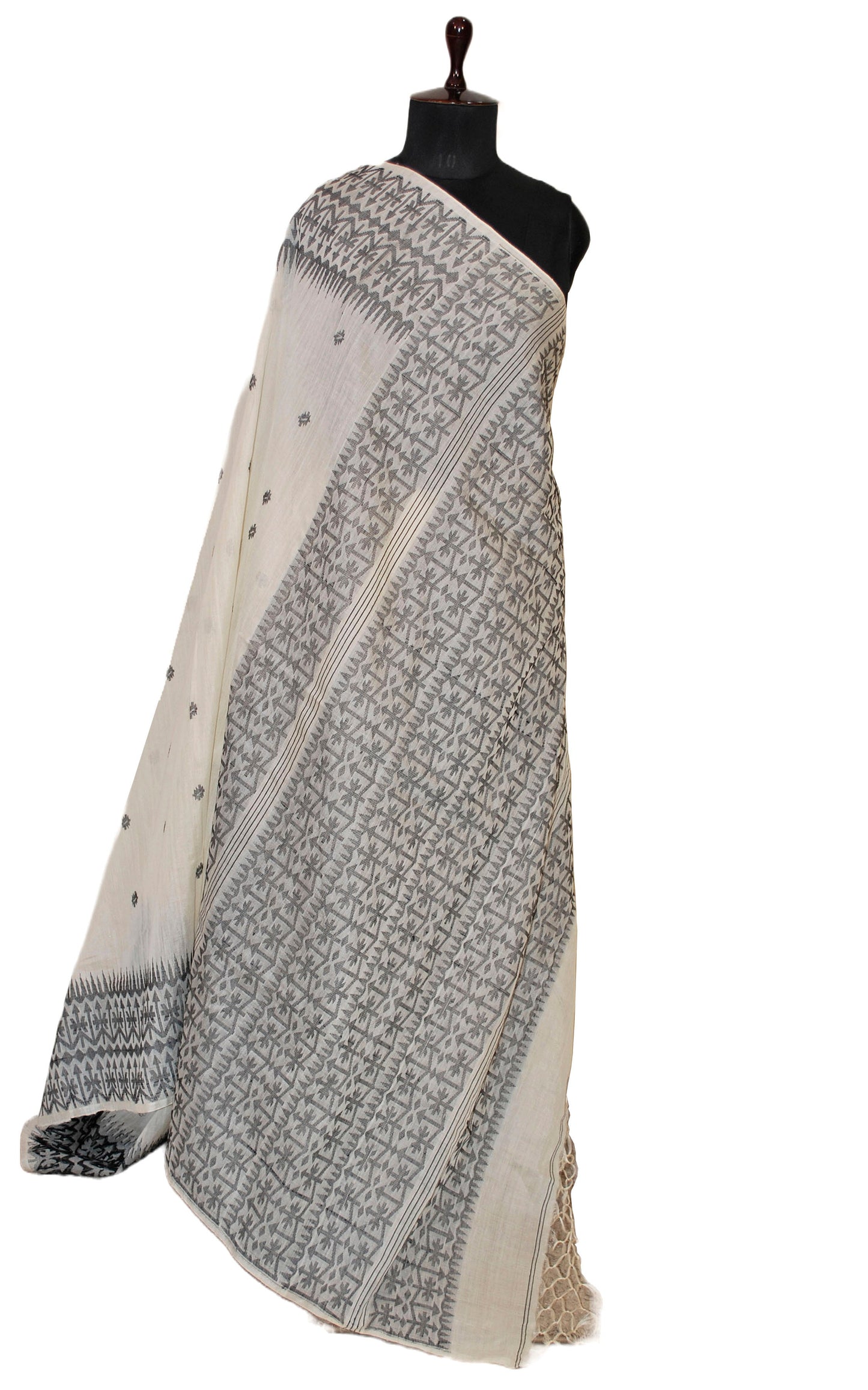 Handwoven Tussar Silk Jamdani Saree in Cotton White and Black