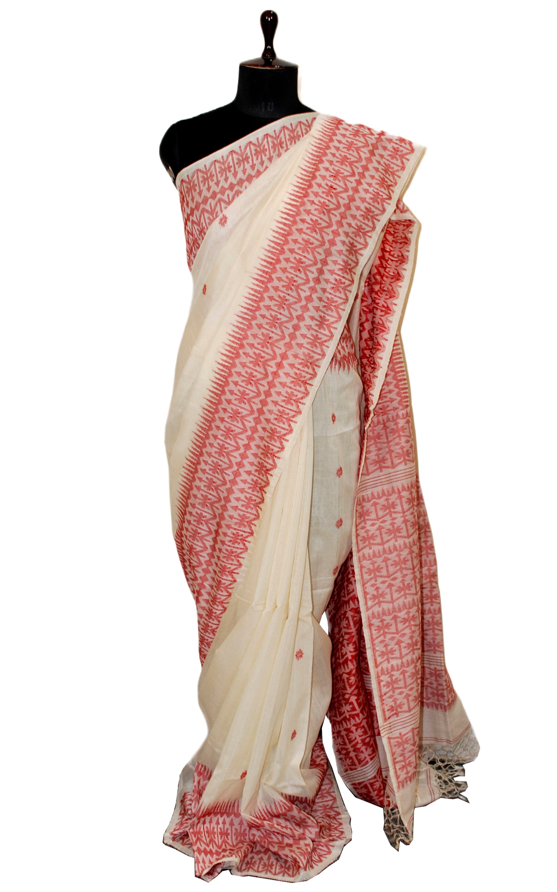 Handwoven Tussar Silk Jamdani Saree in Cotton White and Red