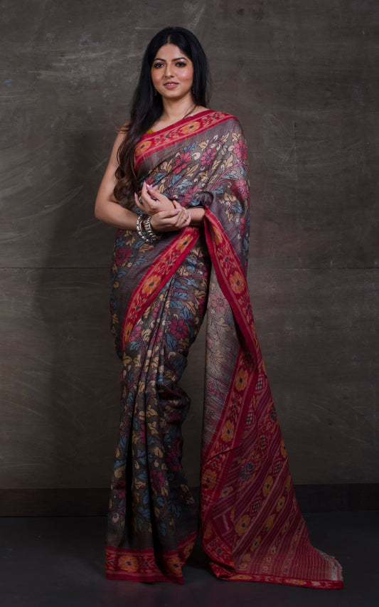 Hand Painted Kalamkari over Sambalpuri Tussar Kotki Silk Saree in Brown, Red and Multicolored