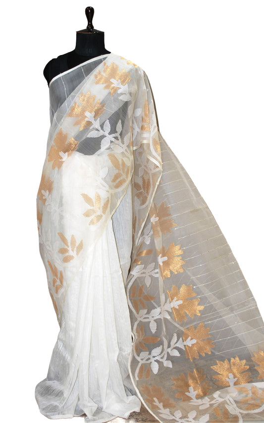 Sitara Work Half Tussar Silk and Half Muslin Saree in White and Gold