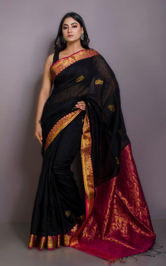 Matka Tussar Silk Banarasi Saree in Black, Magenta and Gold Zari Work