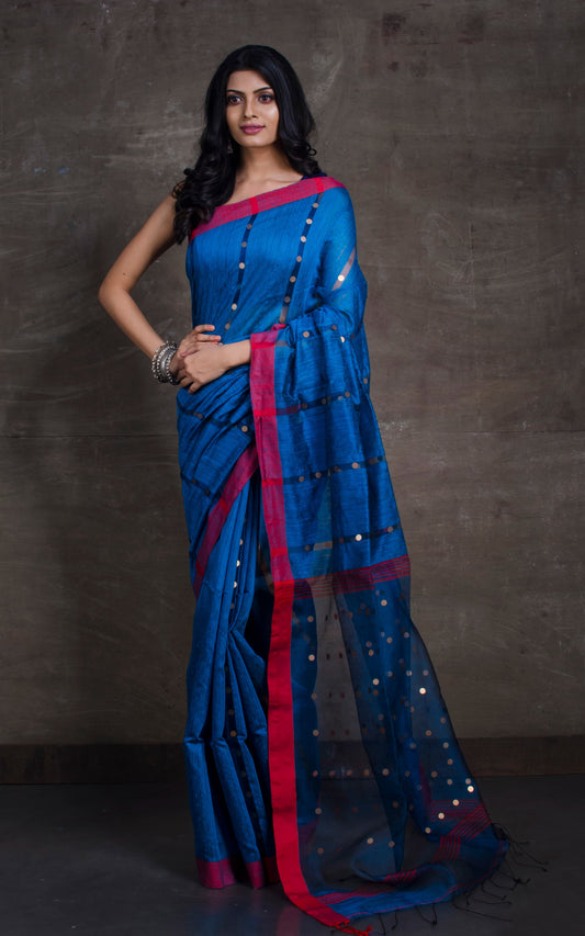 Designer Pure Matka Tussar Silk Saree in Cobalt Blue and Red