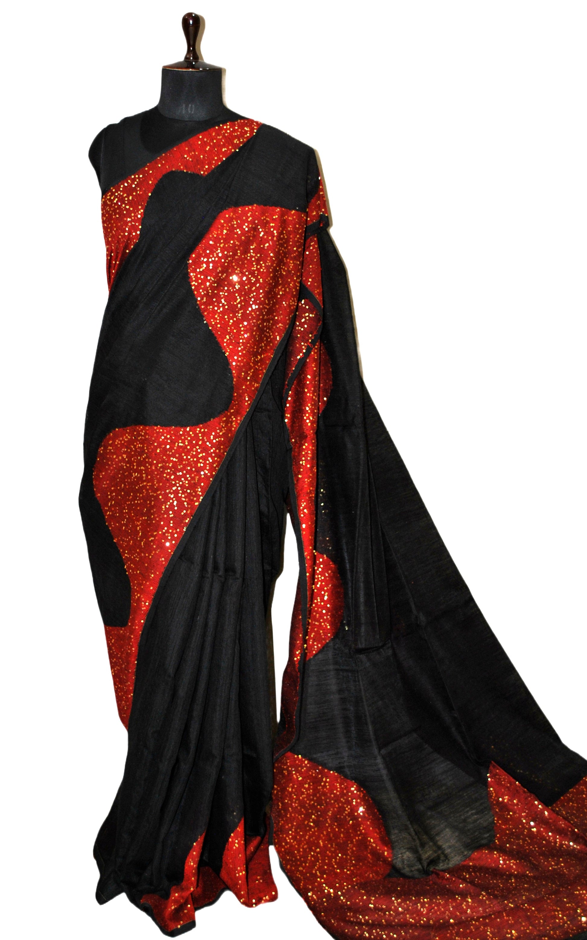 Woven Gold Studded Sequin Work Tussar Matka Silk Saree in Black and Red