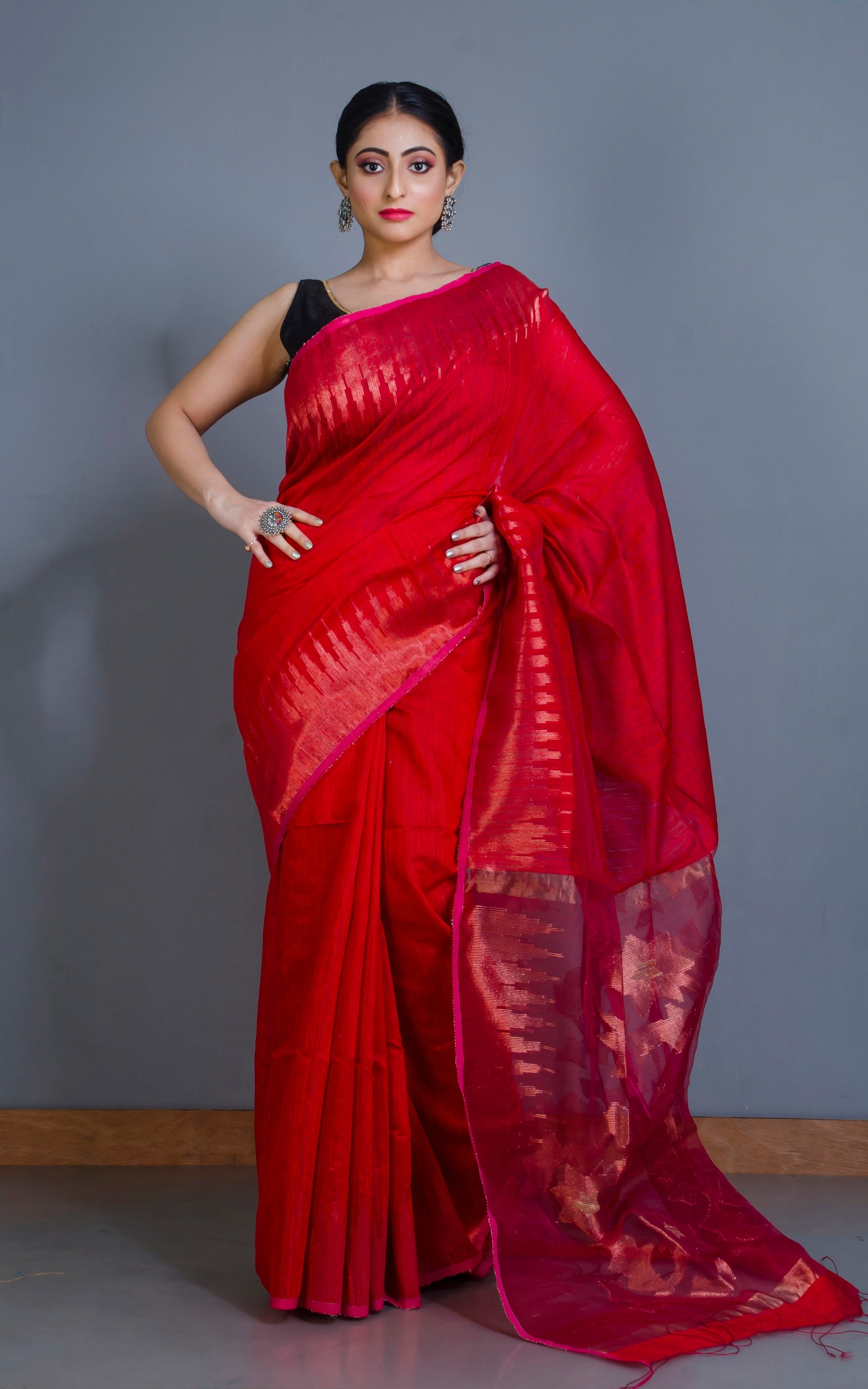 Crowned Temple Border Matka Tussar Silk Jamdani Saree in Bright Red and Copper Zari Work