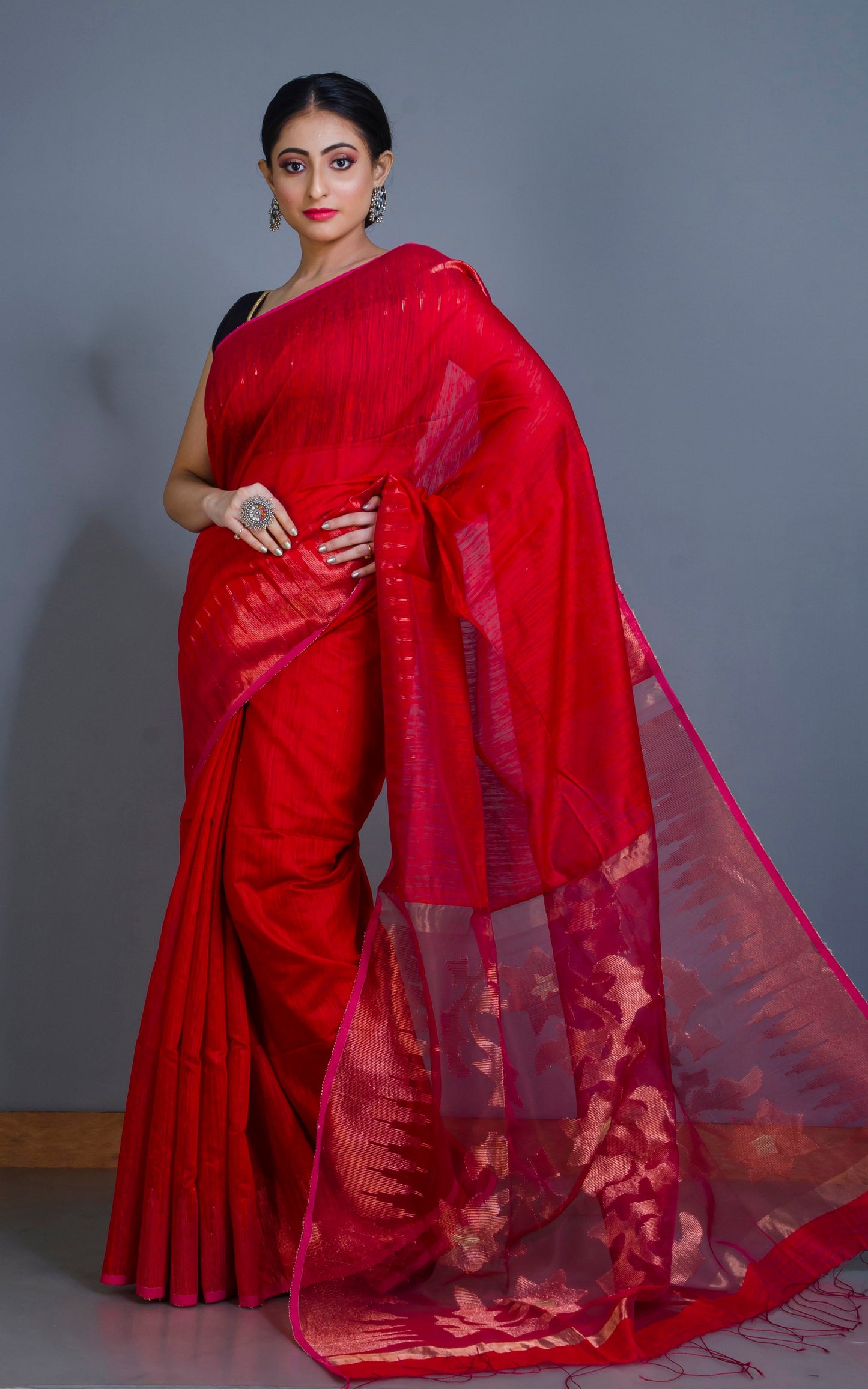 Crowned Temple Border Matka Tussar Silk Jamdani Saree in Bright Red and Copper Zari Work