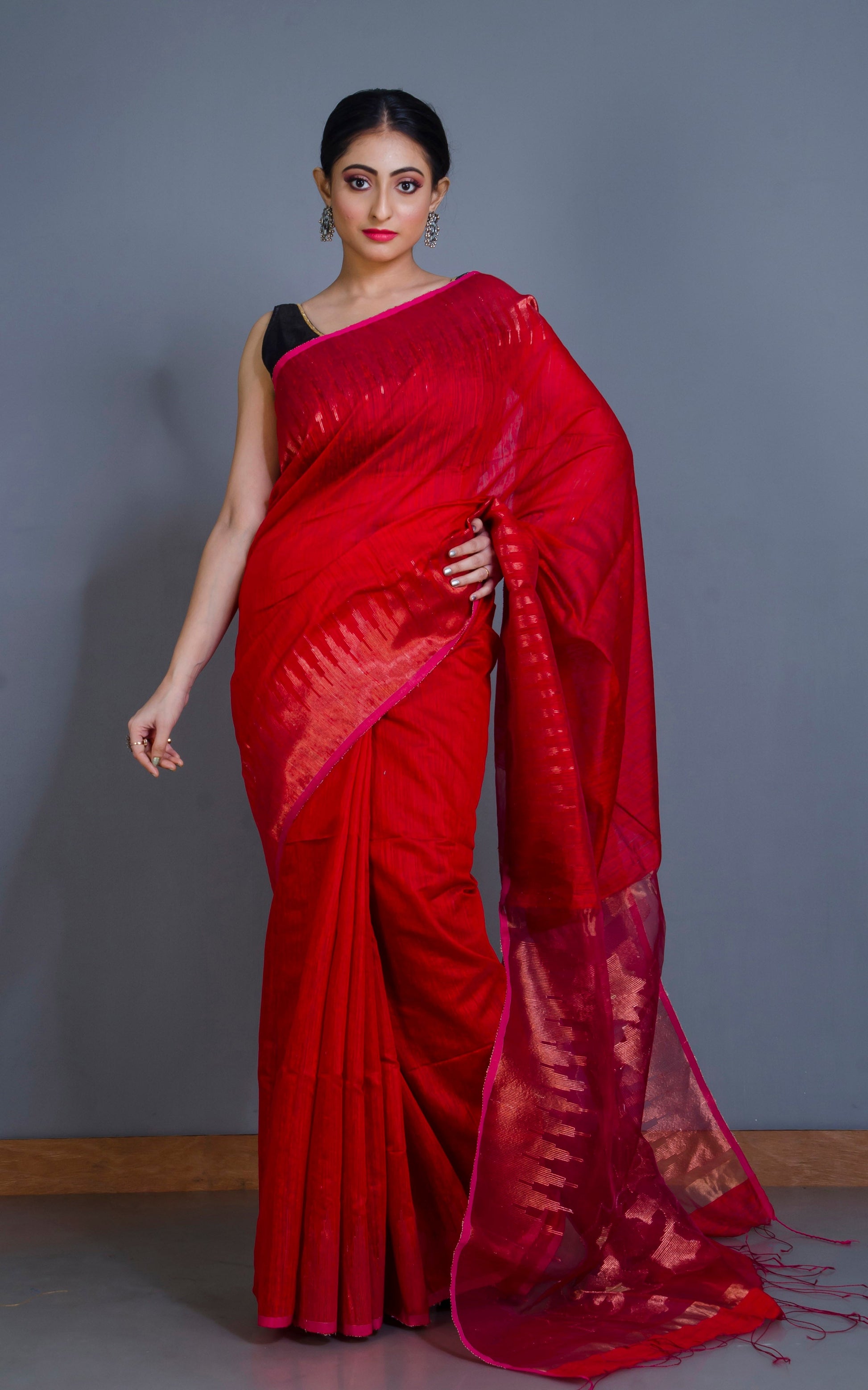 Crowned Temple Border Matka Tussar Silk Jamdani Saree in Bright Red and Copper Zari Work