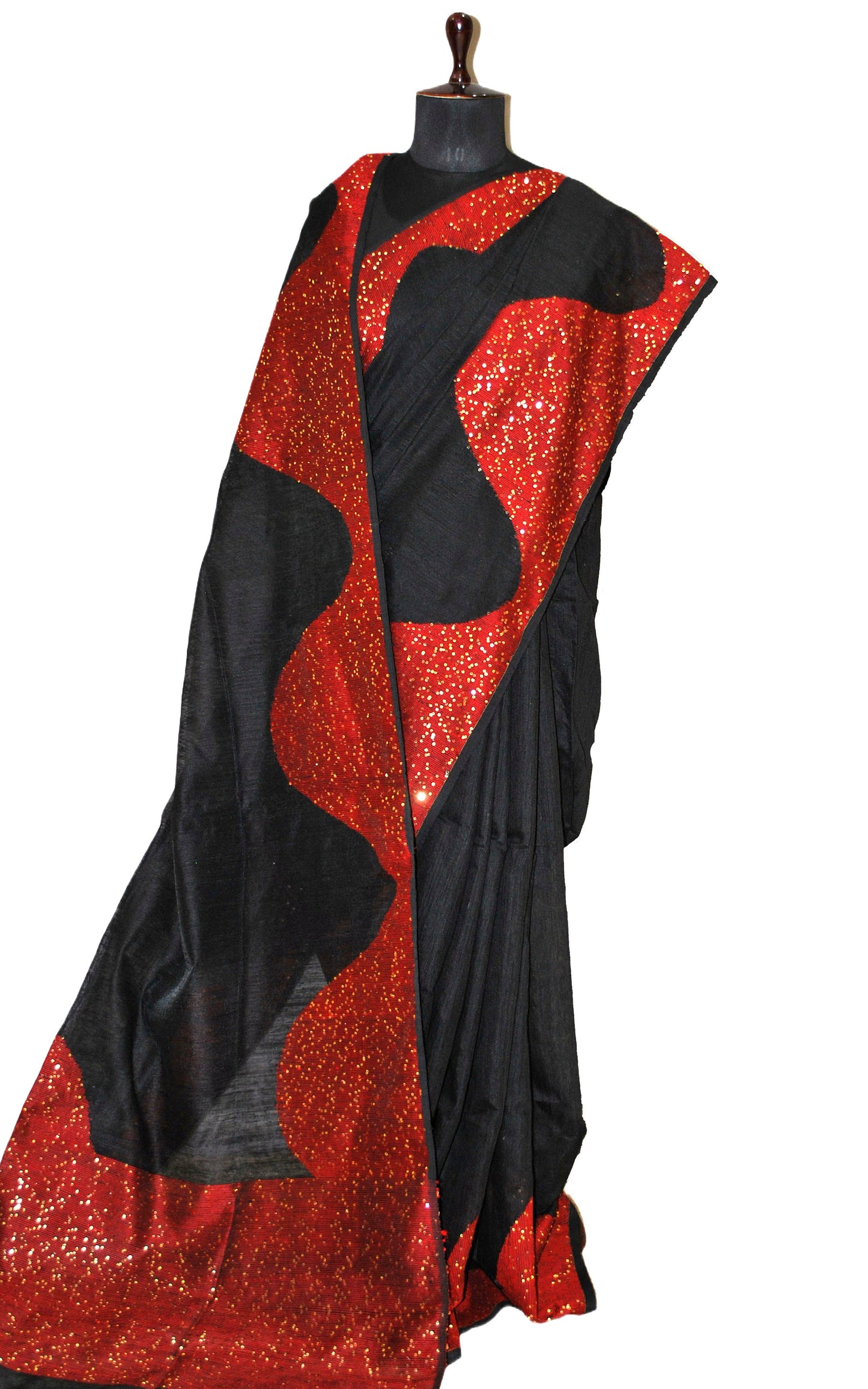 Woven Gold Studded Sequin Work Tussar Matka Silk Saree in Black and Red