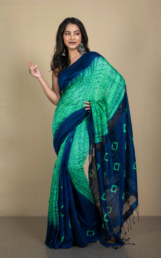 Handwoven Soft Matka Shibori Saree in Bright Green & Royal Blue
