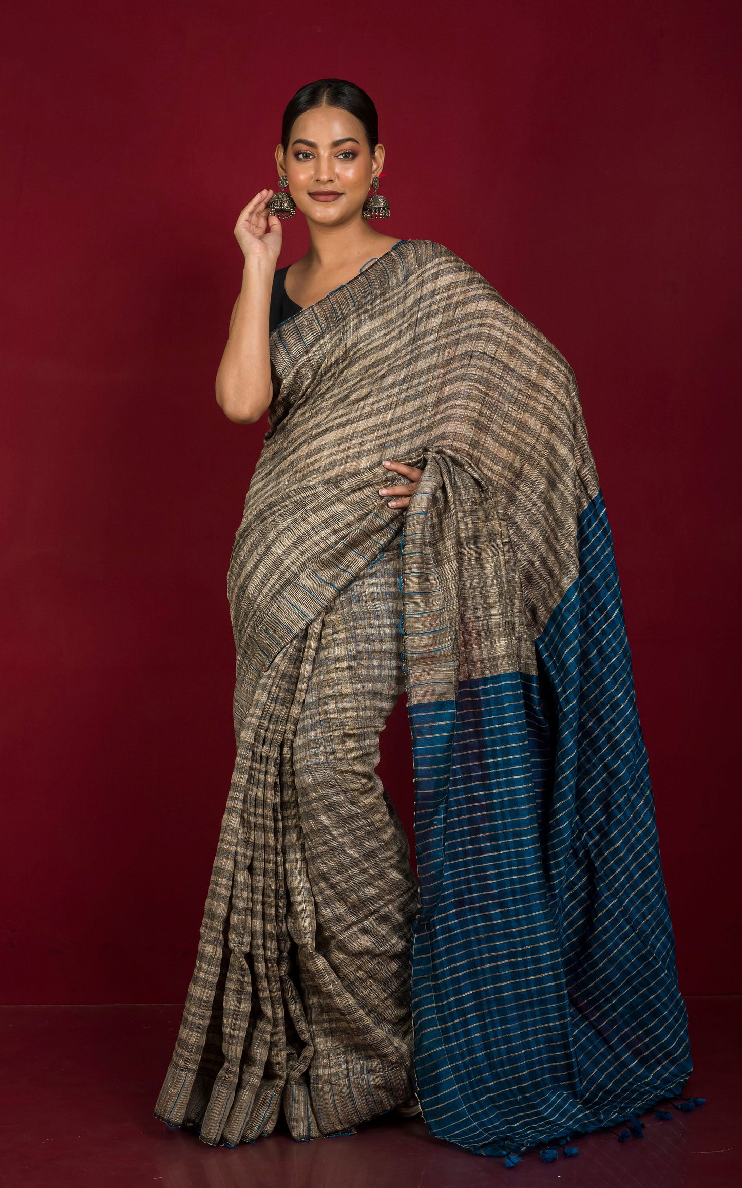 Soft Ketia Tussar Silk Saree in Beige, Black and Jade Blue