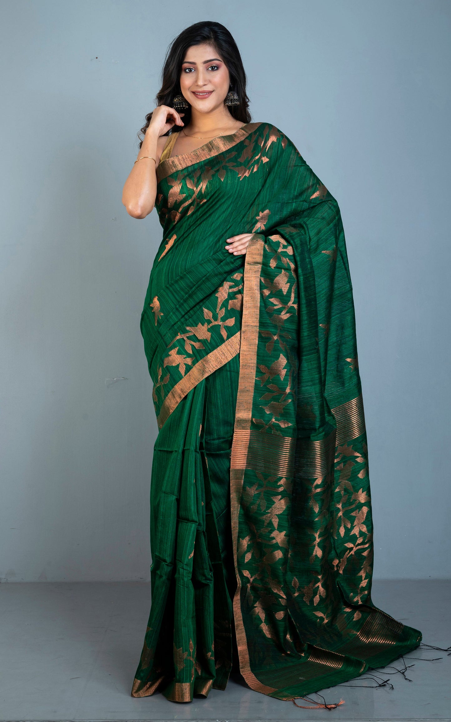 Woven Munia Work Premium Matka Tussar Silk Jamdani Saree in Dark Green and Copper