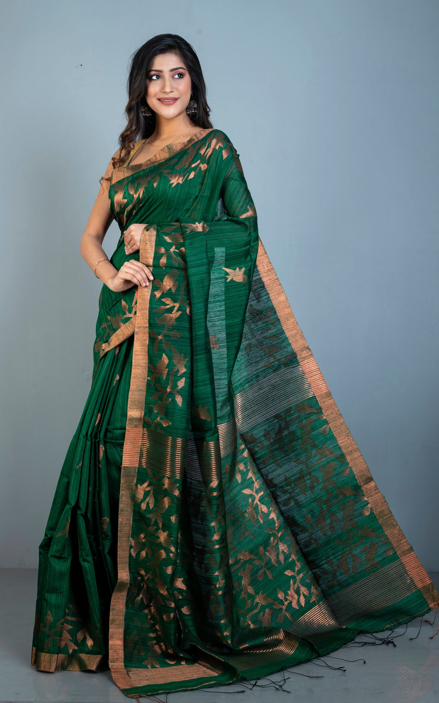 Woven Munia Work Premium Matka Tussar Silk Jamdani Saree in Dark Green and Copper