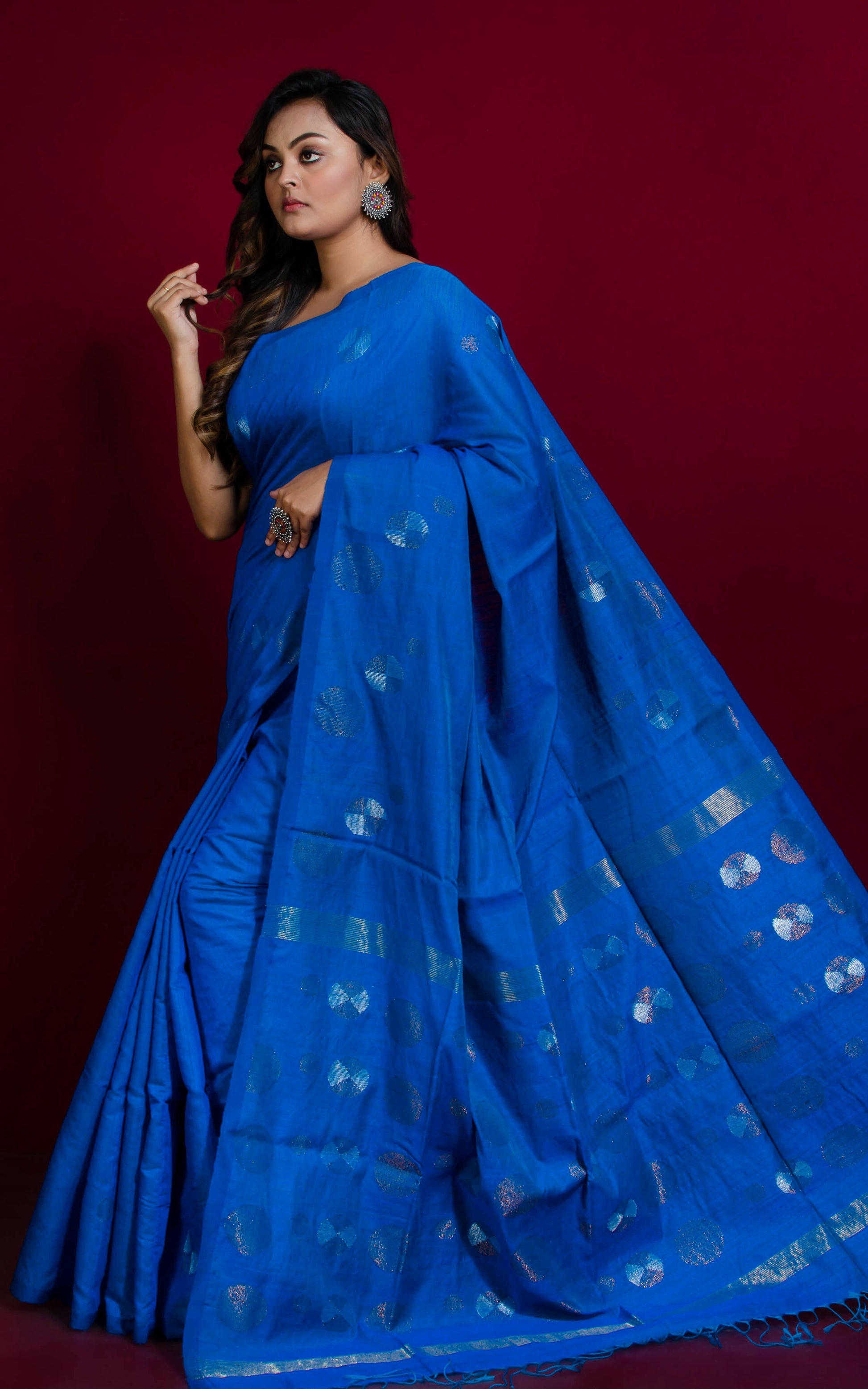 Premium Quality Kadiyal Dollar Butta Work Matka Tussar Saree in Lapis Blue, Gold and Silver