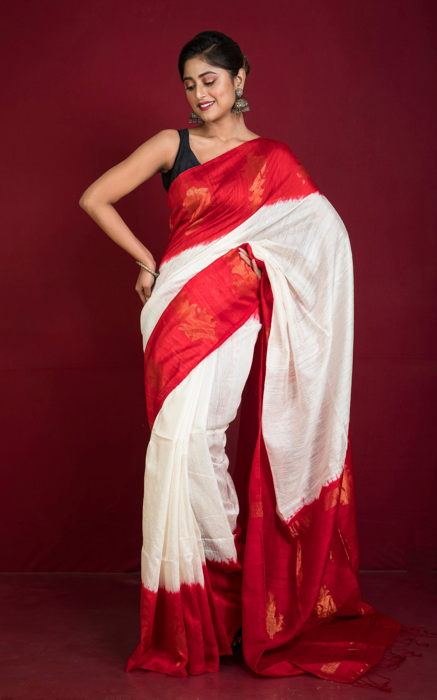 Premium Shibori Matka Tussar Silk Saree in Red and Off White