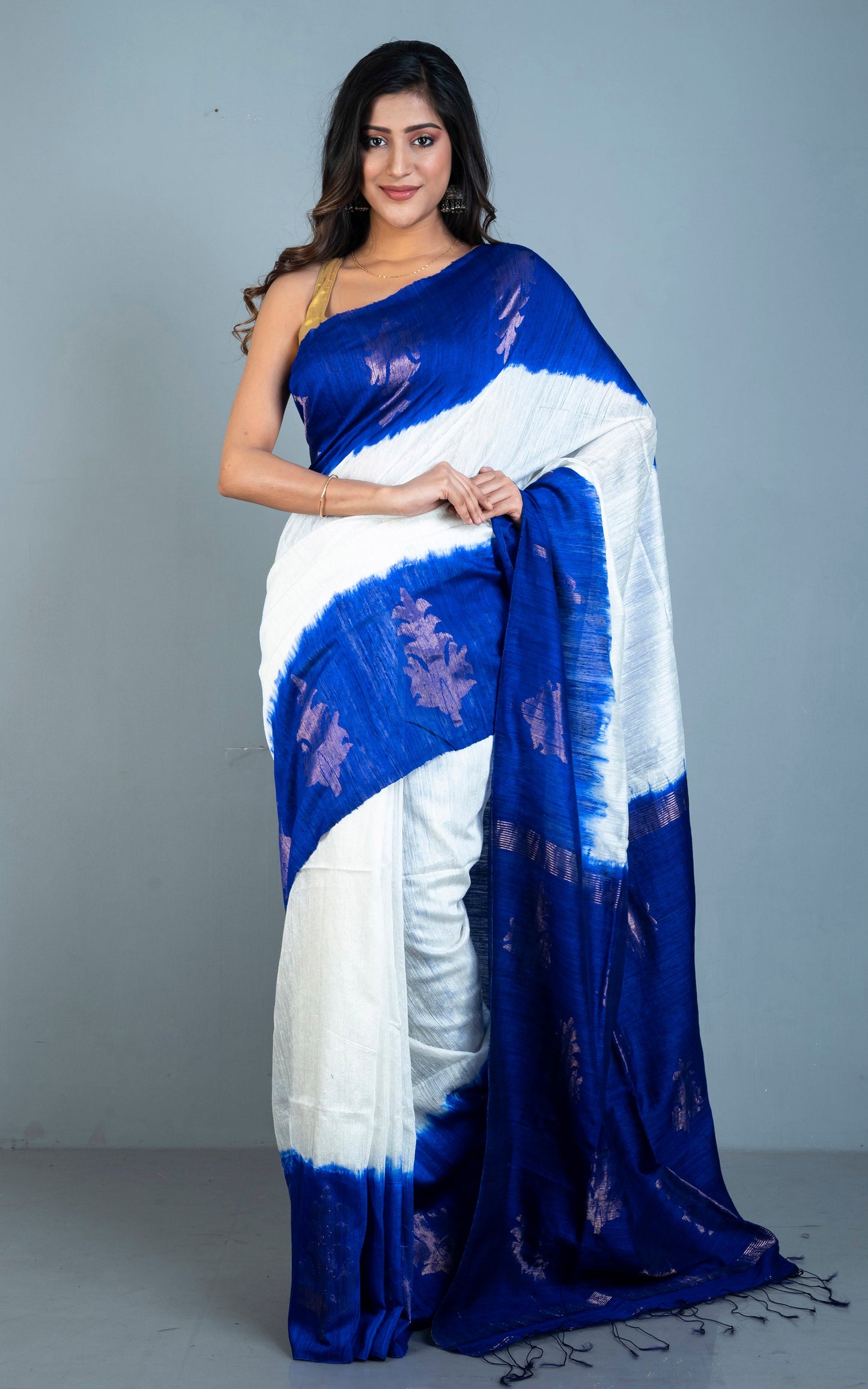 Premium Shibori Matka Tussar Silk Saree in Indigo Blue and Off White