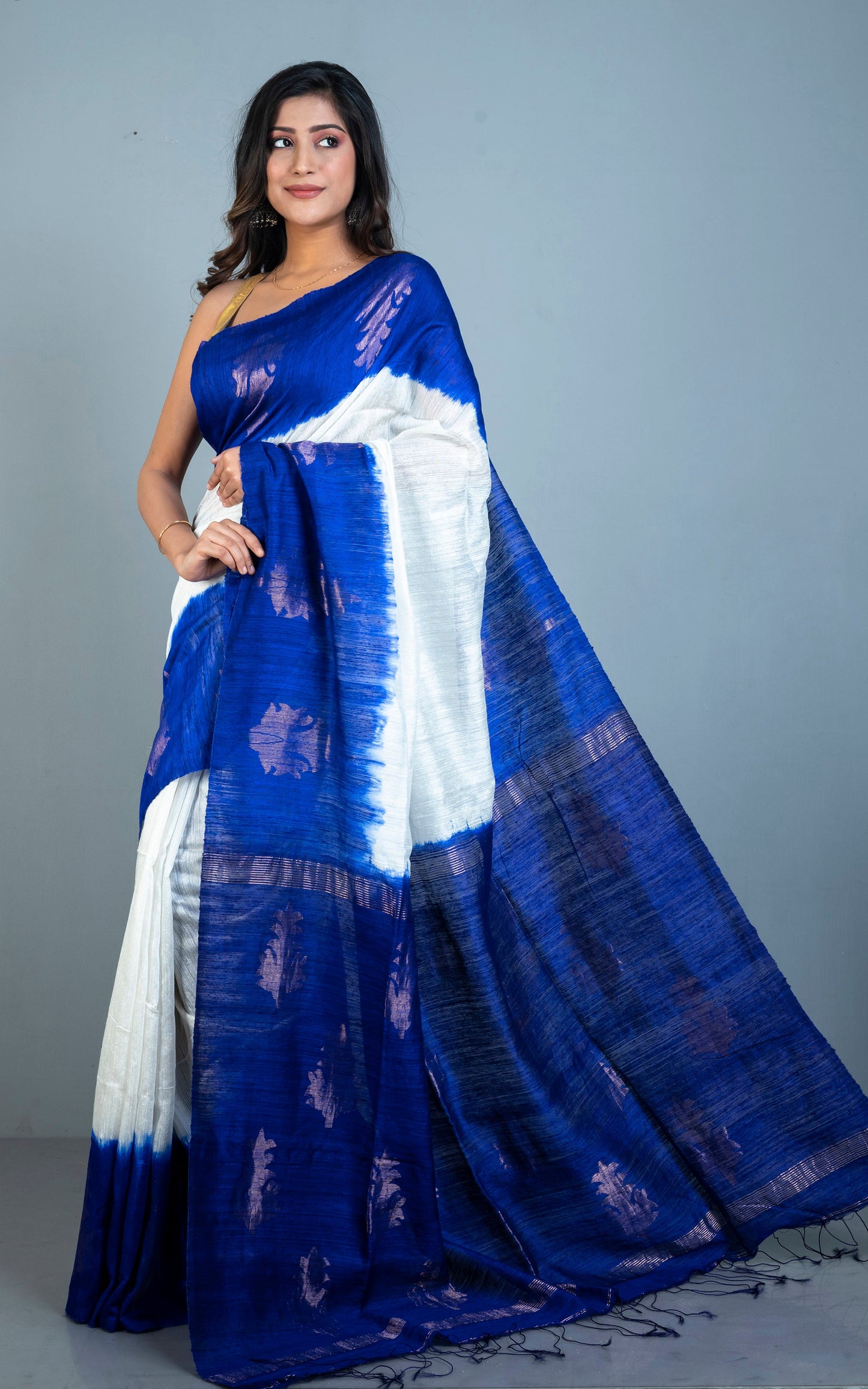 Premium Shibori Matka Tussar Silk Saree in Indigo Blue and Off White