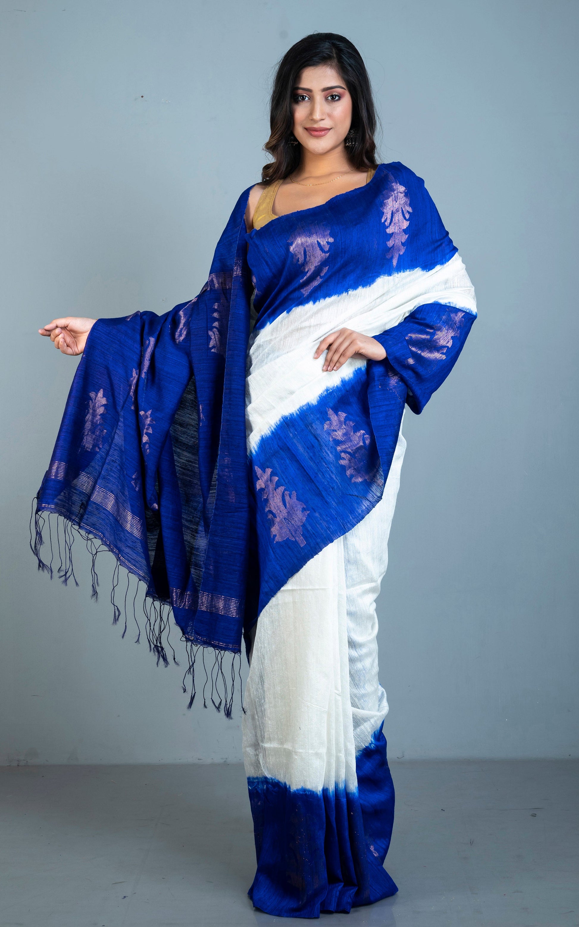 Premium Shibori Matka Tussar Silk Saree in Indigo Blue and Off White