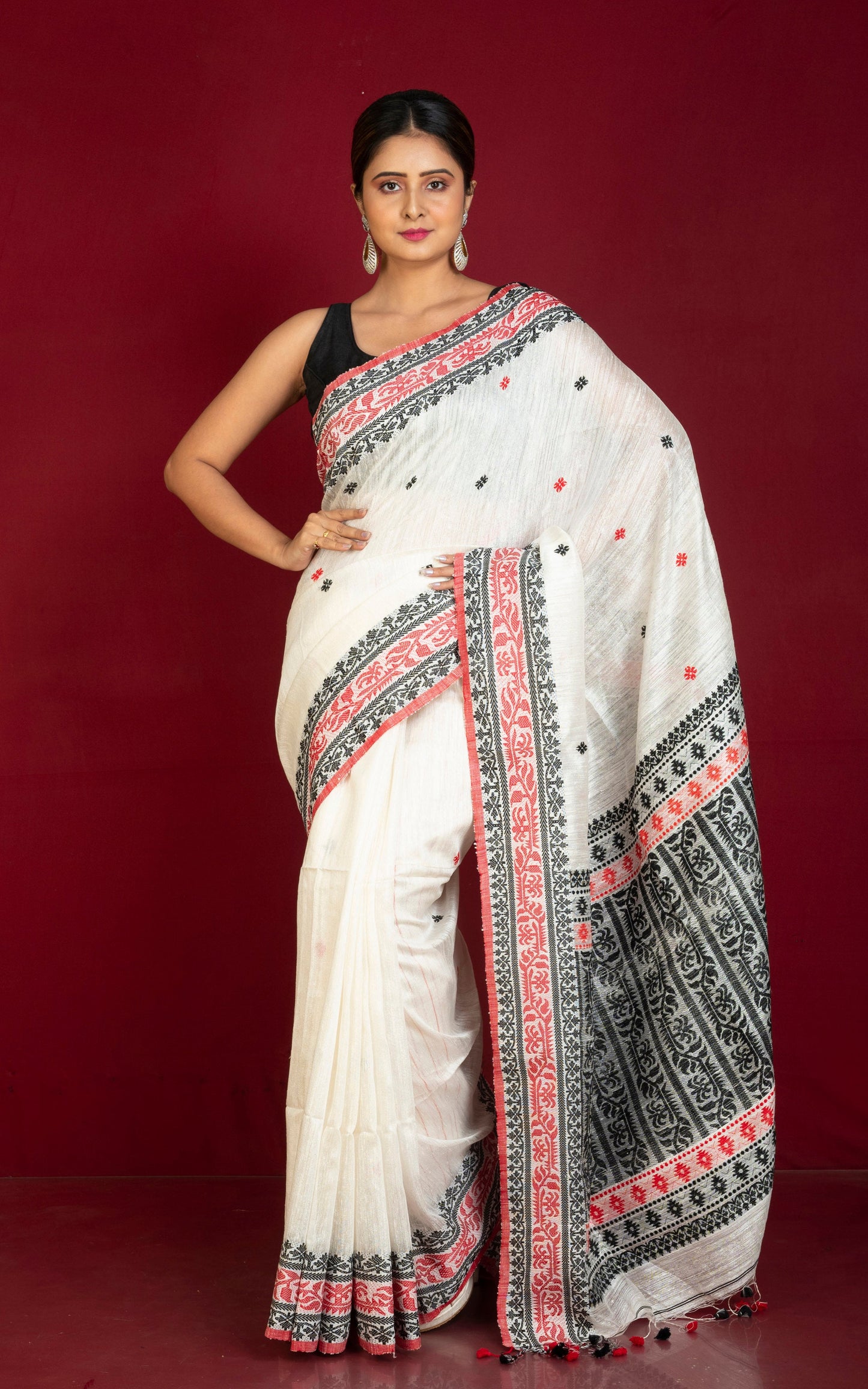 Premium Quality Double Warp Matka Tussar Jamdani Silk Saree in Off White, Black and Red