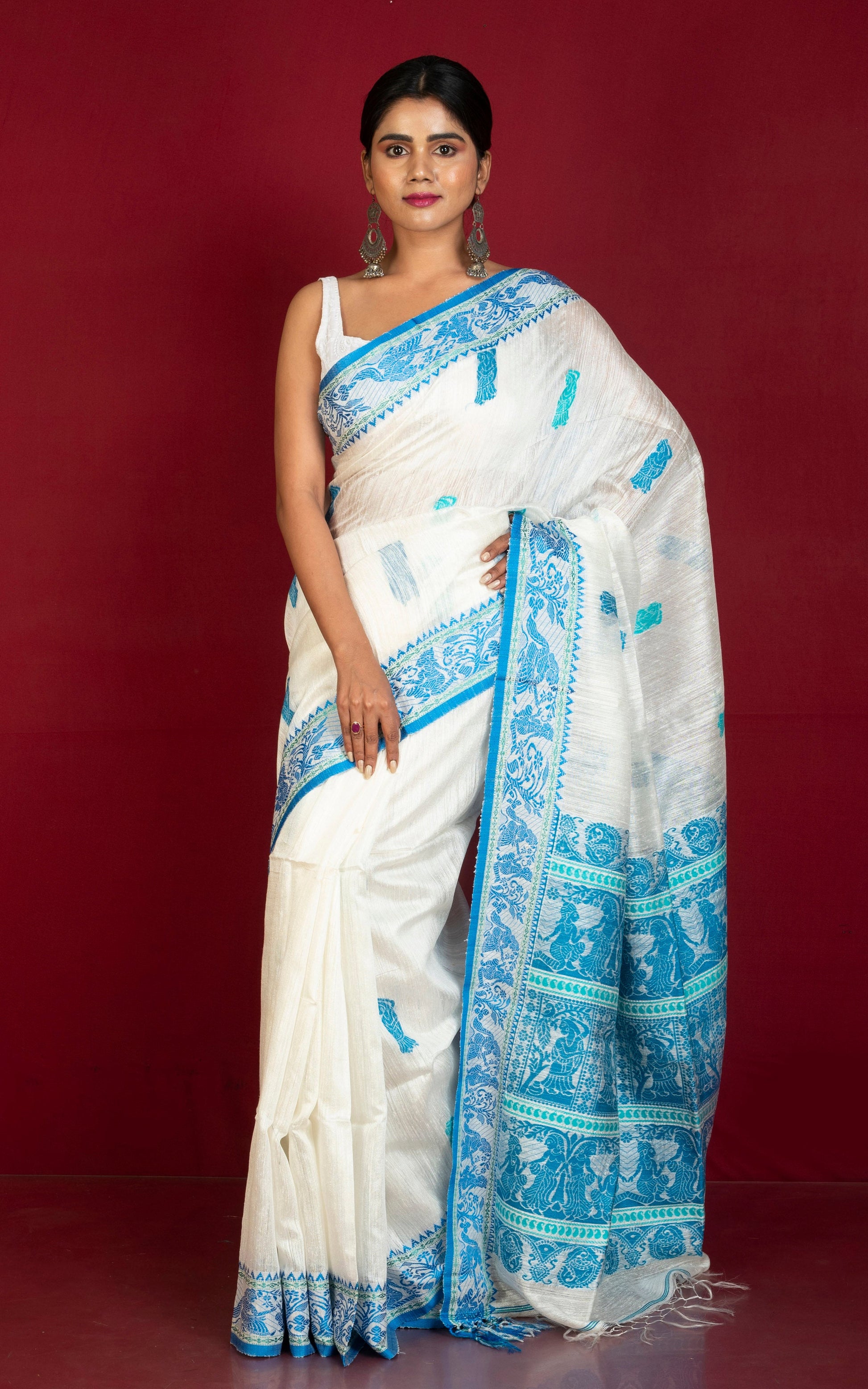 Premium Quality Double Warp Matka Tussar Baluchari Silk Saree in Off White, Blue and Green