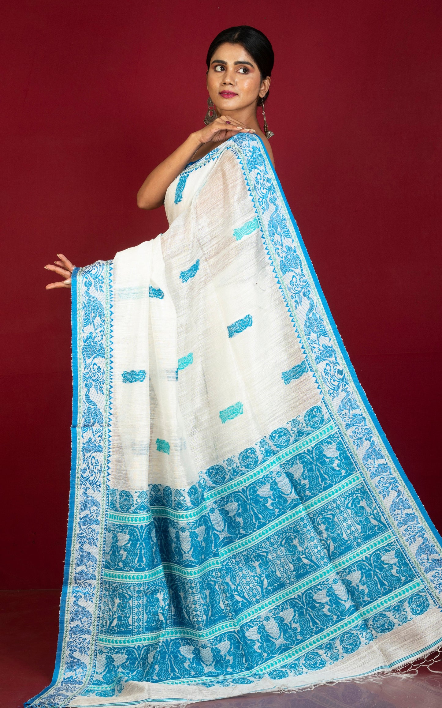 Premium Quality Double Warp Matka Tussar Baluchari Silk Saree in Off White, Blue and Green