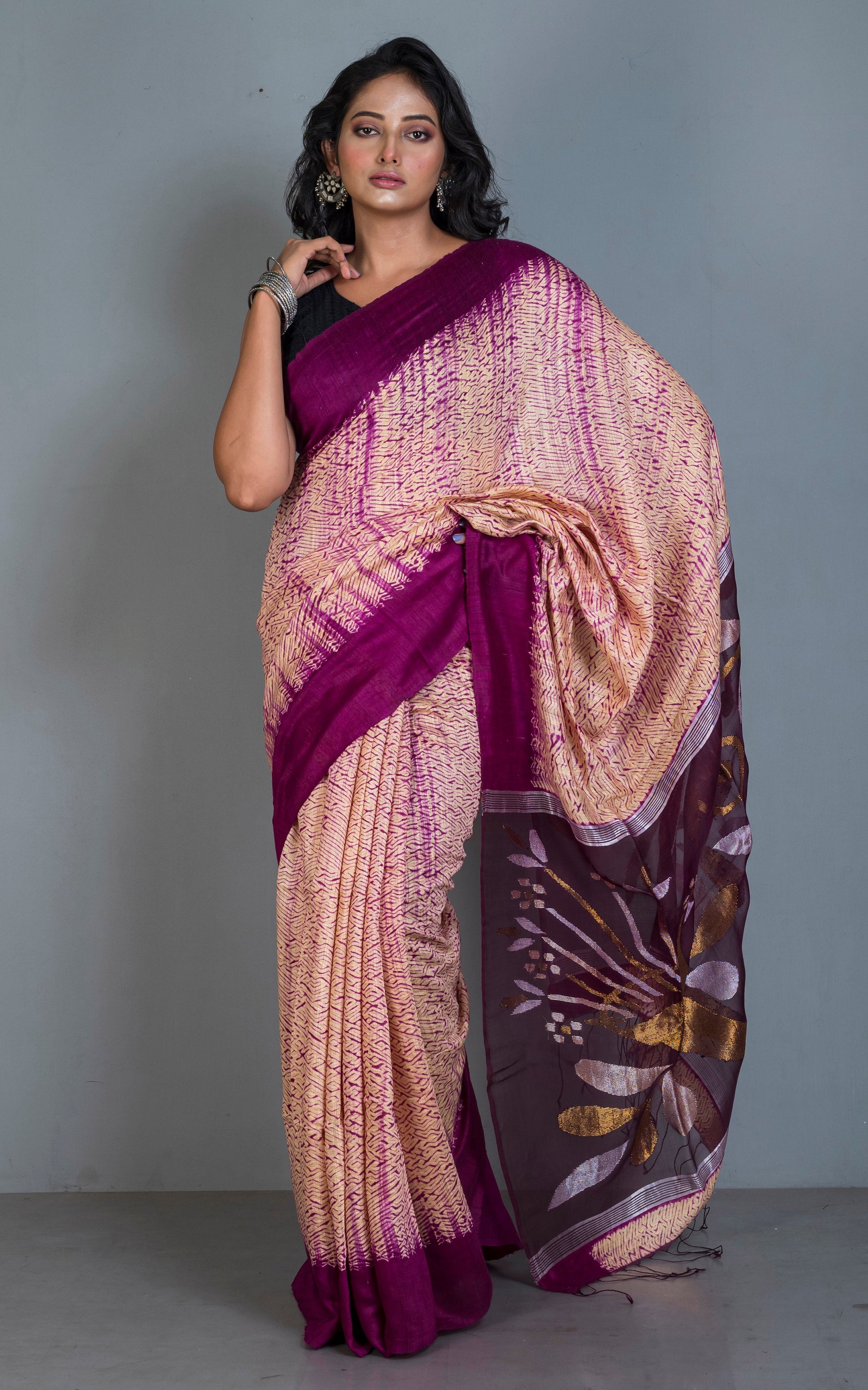 Tussar Shibori Matka Jamdani Saree in Beige, Purple with Copper and Silver Zari Work