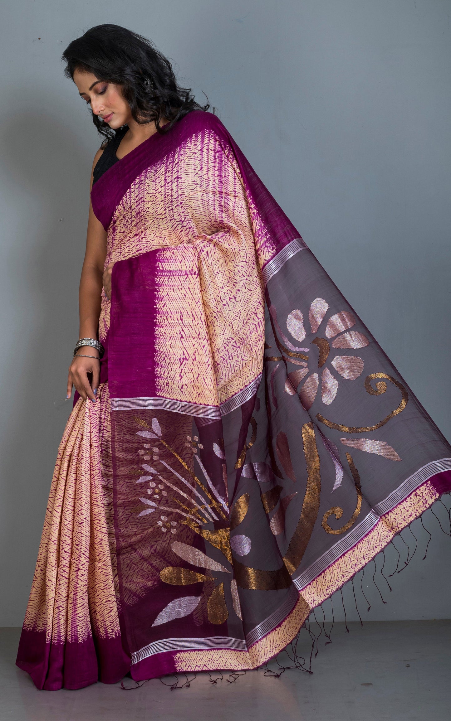 Tussar Shibori Matka Jamdani Saree in Beige, Purple with Copper and Silver Zari Work