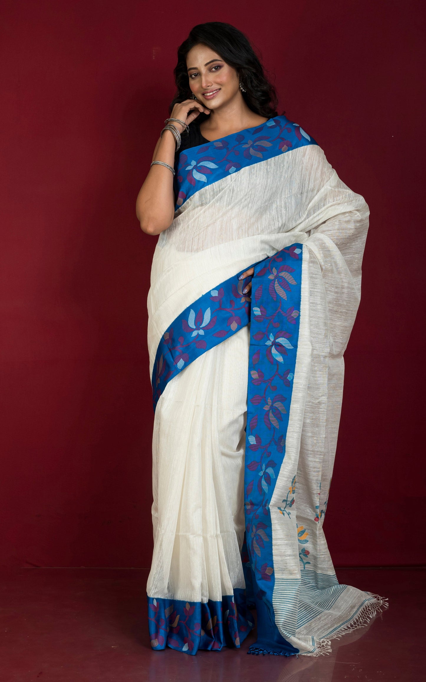 Premium Quality Kadiyal Double Warp Matka Tussar Jamdani Silk Saree in White, Royal Blue and Multicolored