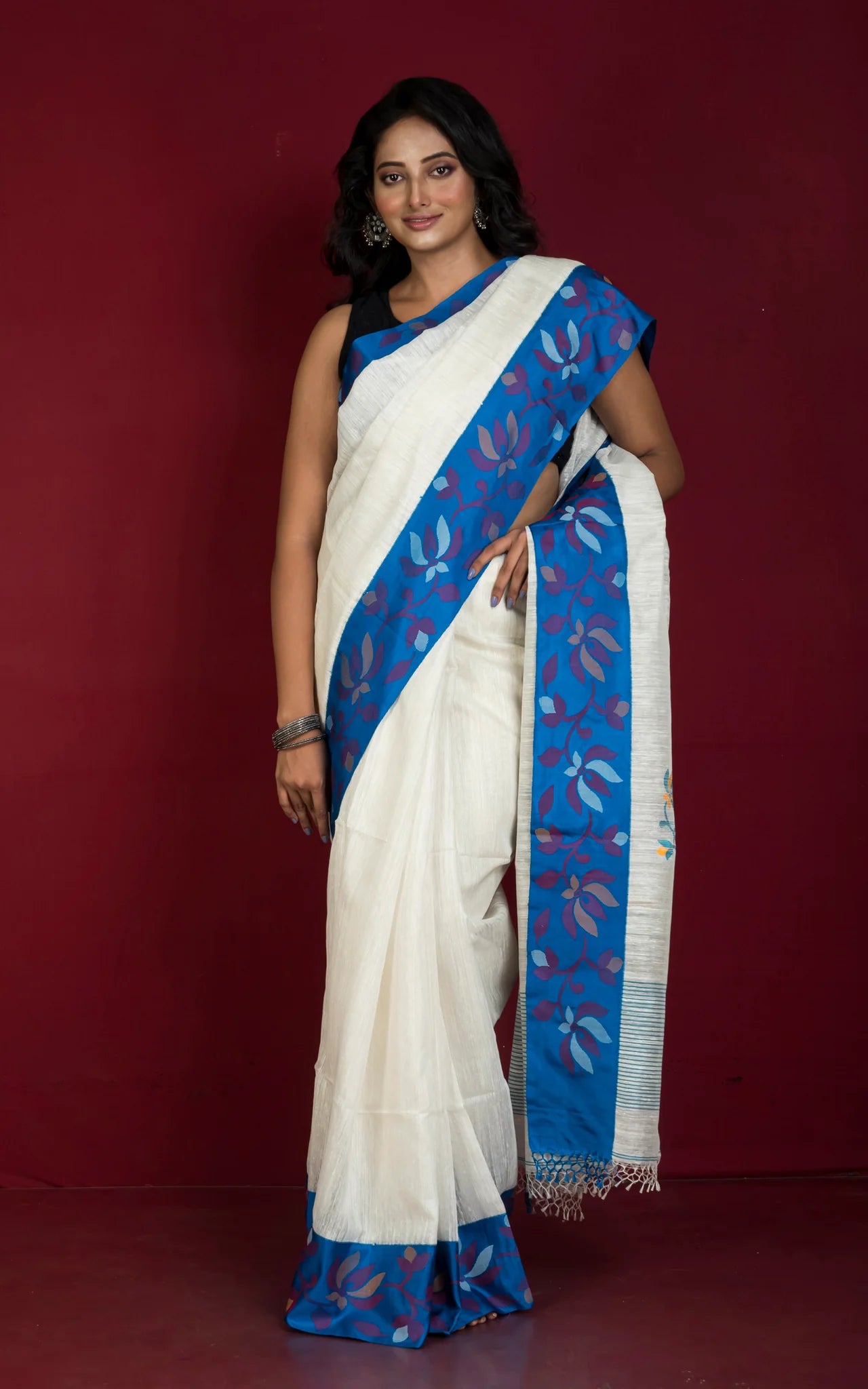 Premium Quality Kadiyal Double Warp Matka Tussar Jamdani Silk Saree in White, Royal Blue and Multicolored