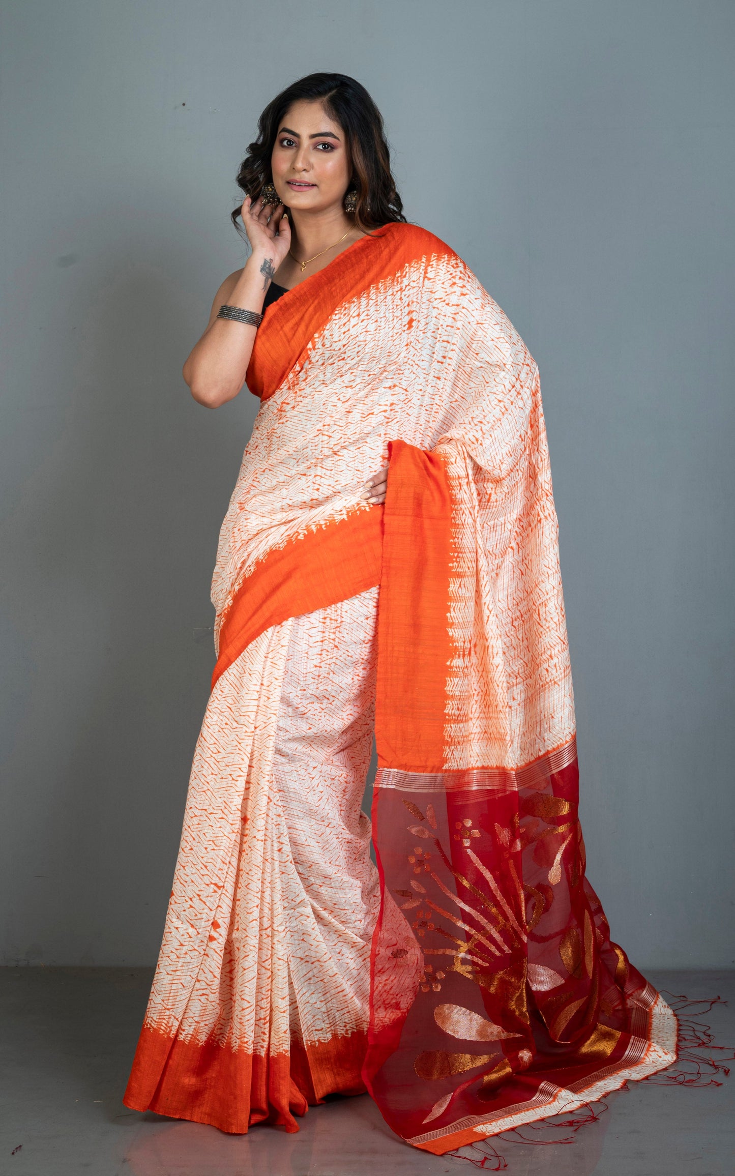 Tussar Shibori Matka Jamdani Saree in Off White, Orange with Copper and Silver Zari Work