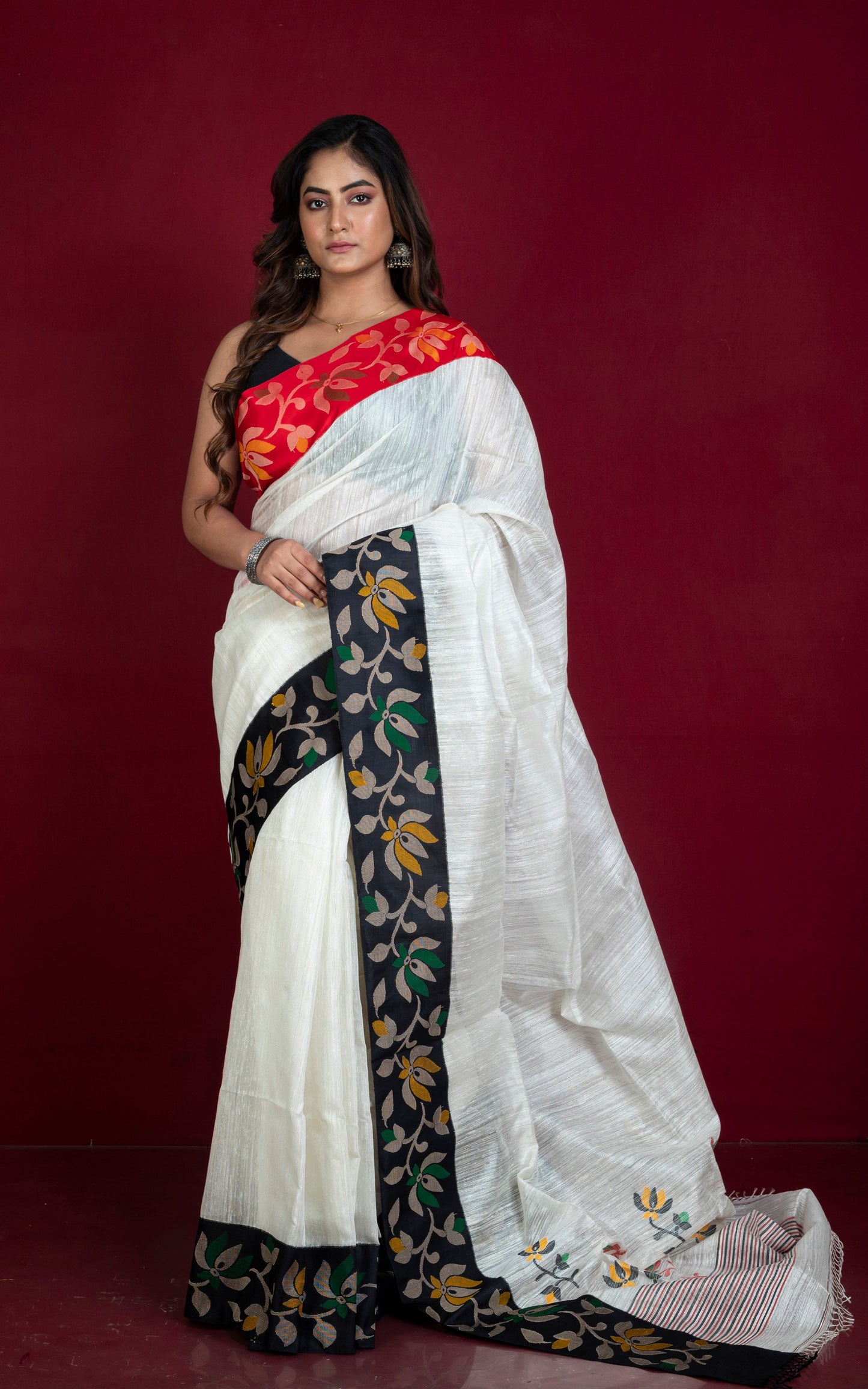 Premium Quality Kadiyal Double Warp Matka Tussar Jamdani Silk Saree in White, Black, Red and Multicolored