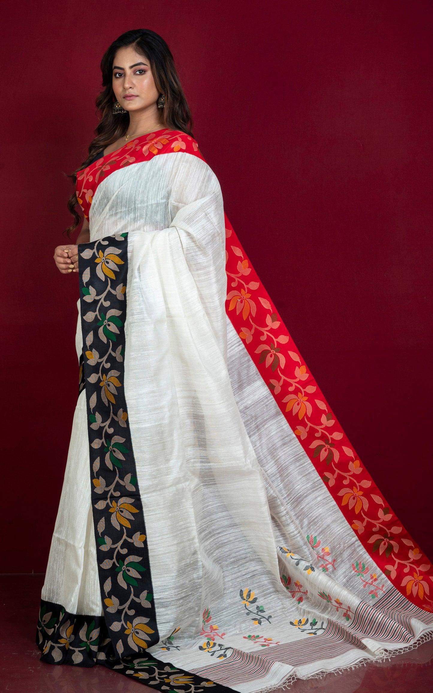 Premium Quality Kadiyal Double Warp Matka Tussar Jamdani Silk Saree in White, Black, Red and Multicolored