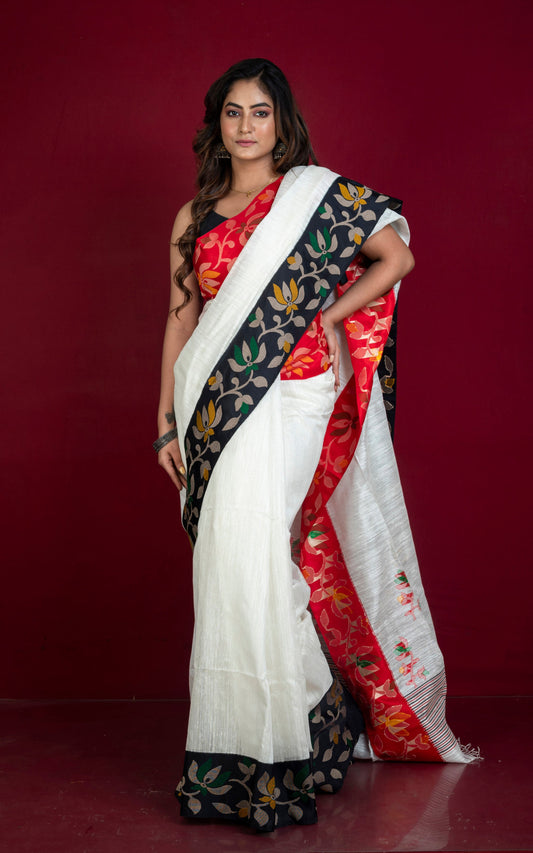 Premium Quality Kadiyal Double Warp Matka Tussar Jamdani Silk Saree in White, Black, Red and Multicolored