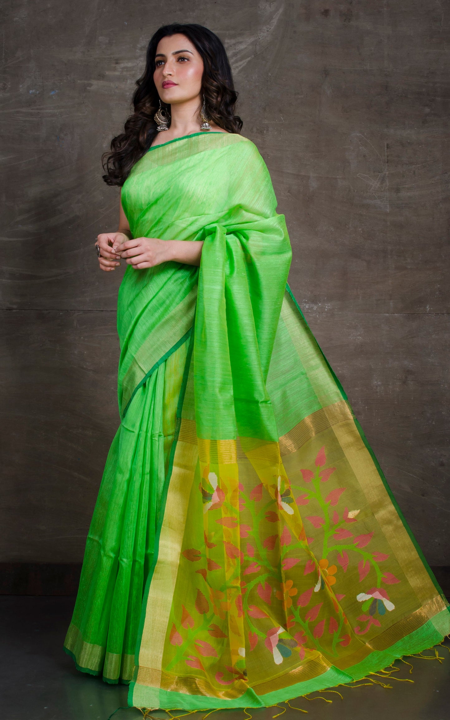 Pure Matka Tussar Silk Jamdani Saree in Light Green and Yellow