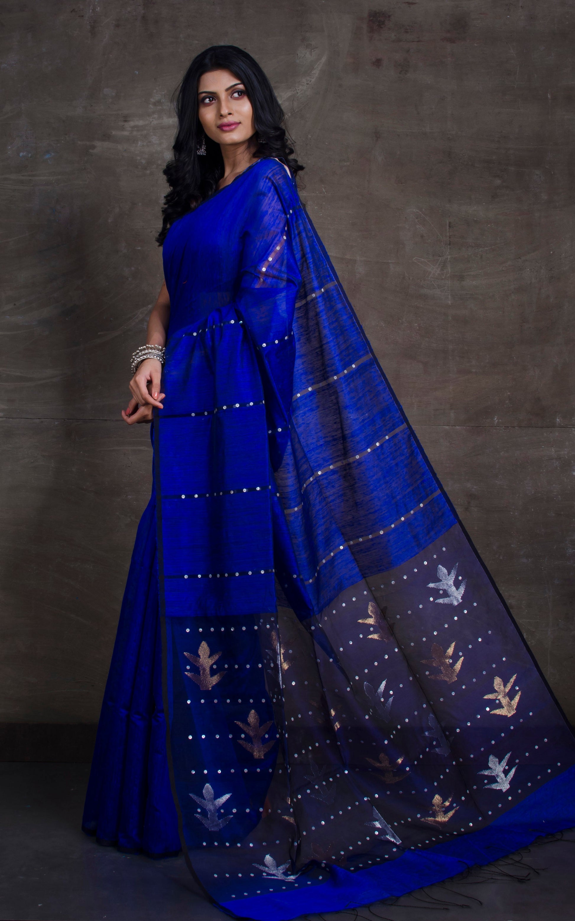 Woven Conch Shell Work Matka Tussar Silk Saree in Berry Blue and Black