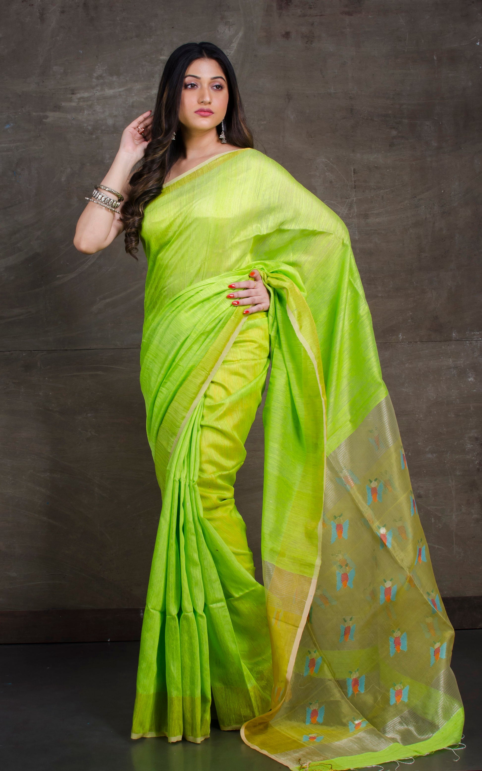 Pure Matka Tussar Silk Jamdani Saree in Banana Leaf Green and Yellow