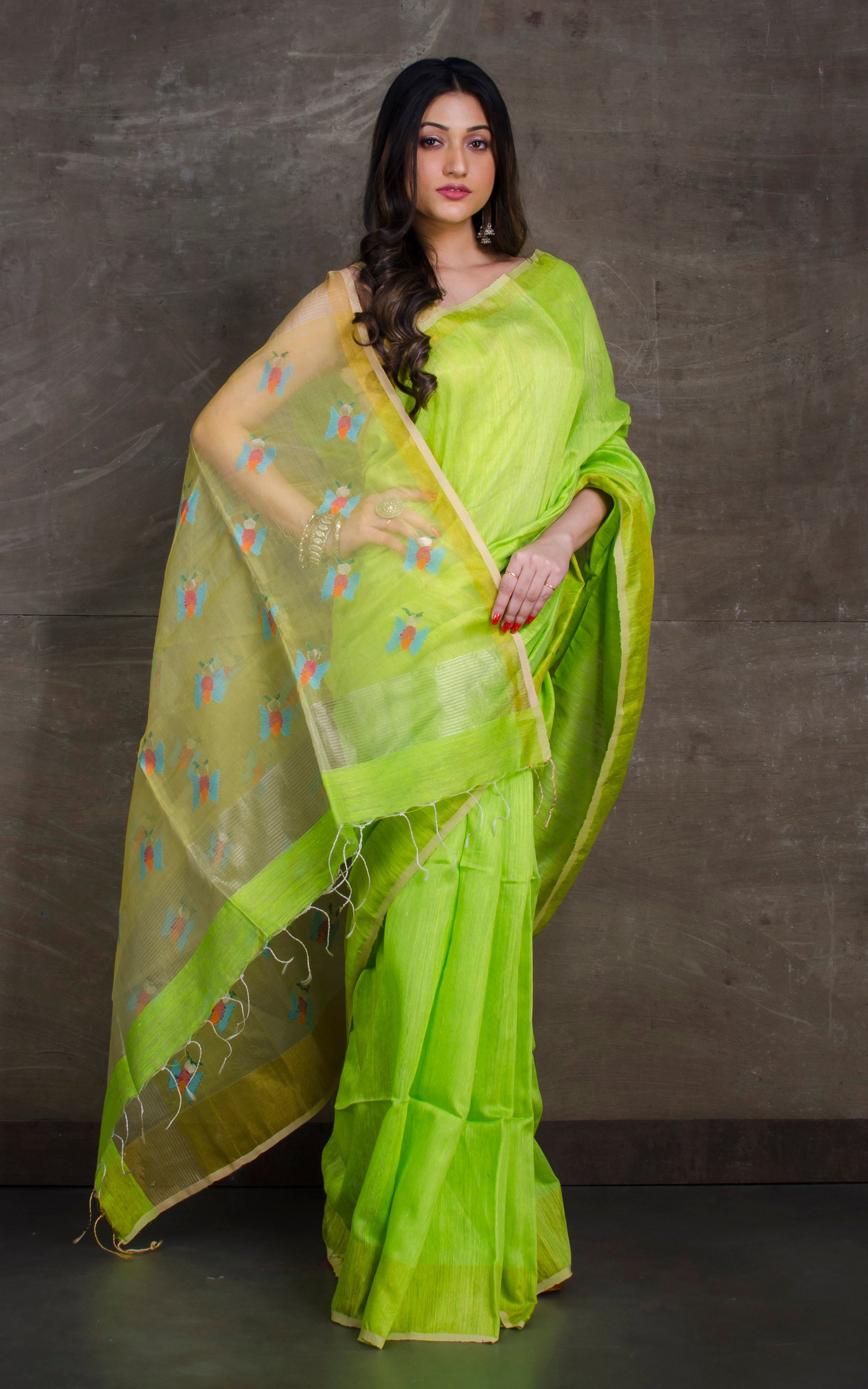 Pure Matka Tussar Silk Jamdani Saree in Banana Leaf Green and Yellow