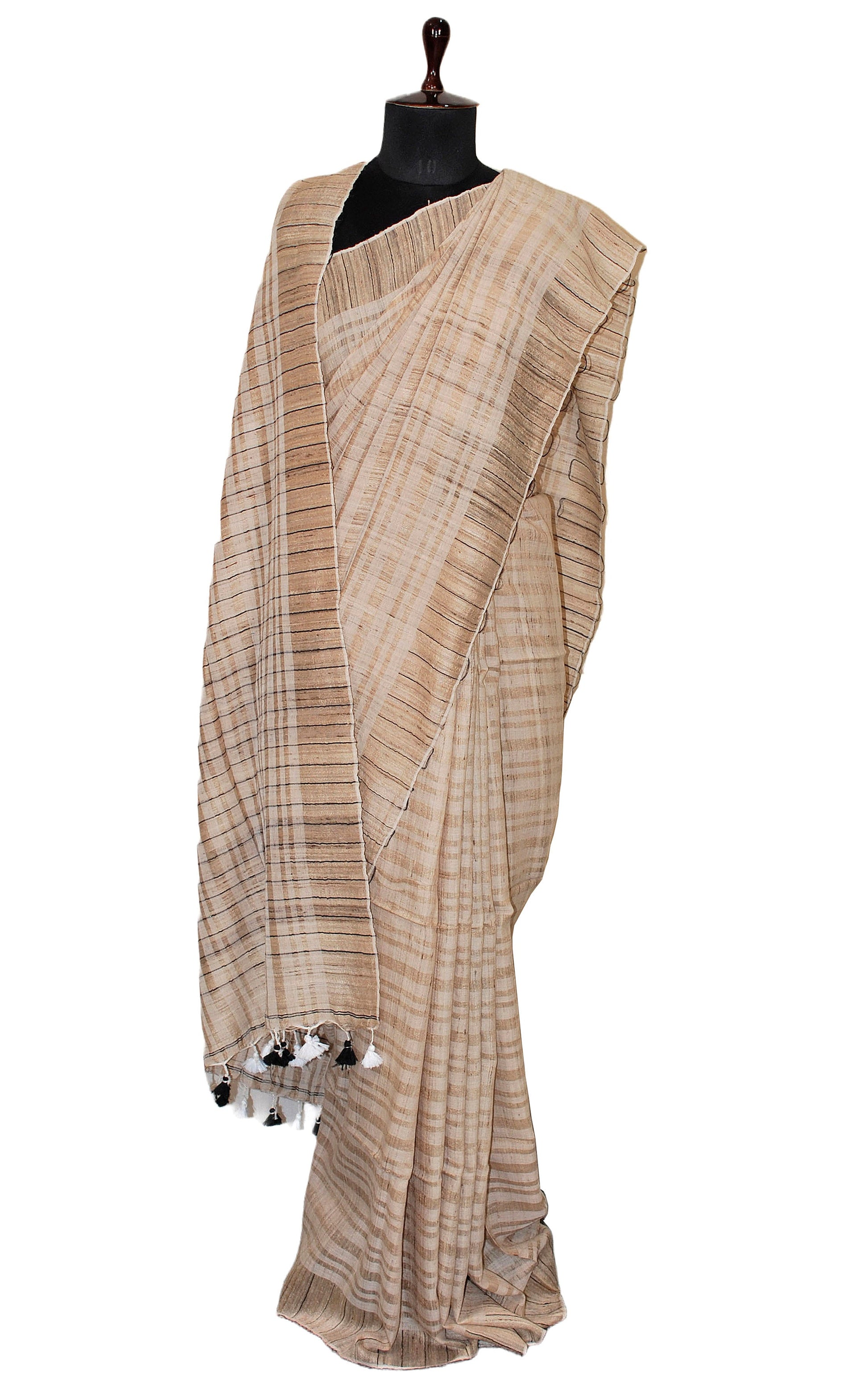 Soft Ketia Tussar Silk Saree in Dual Tone Beige, Brush Gold and Black