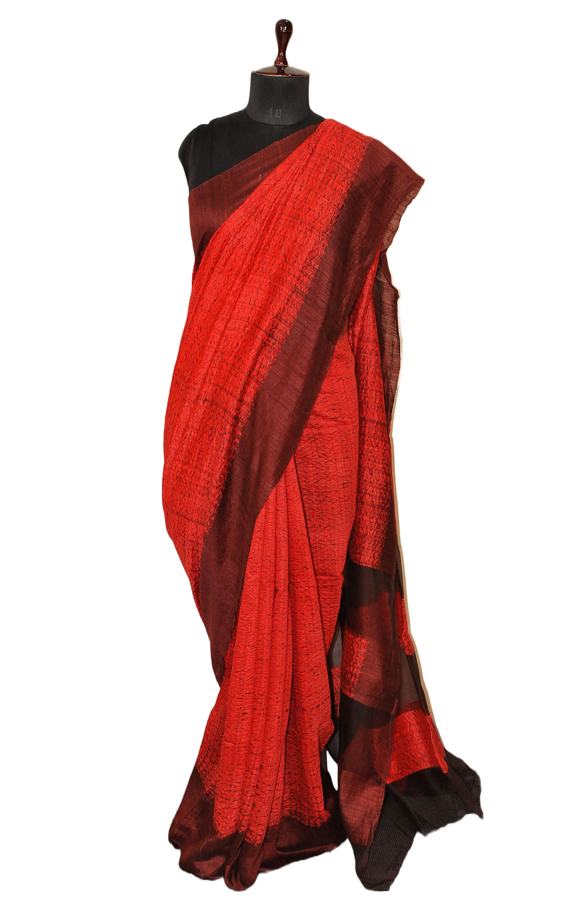 Pure Handloom Matka Shibori Saree in Red & Burgundy Brown