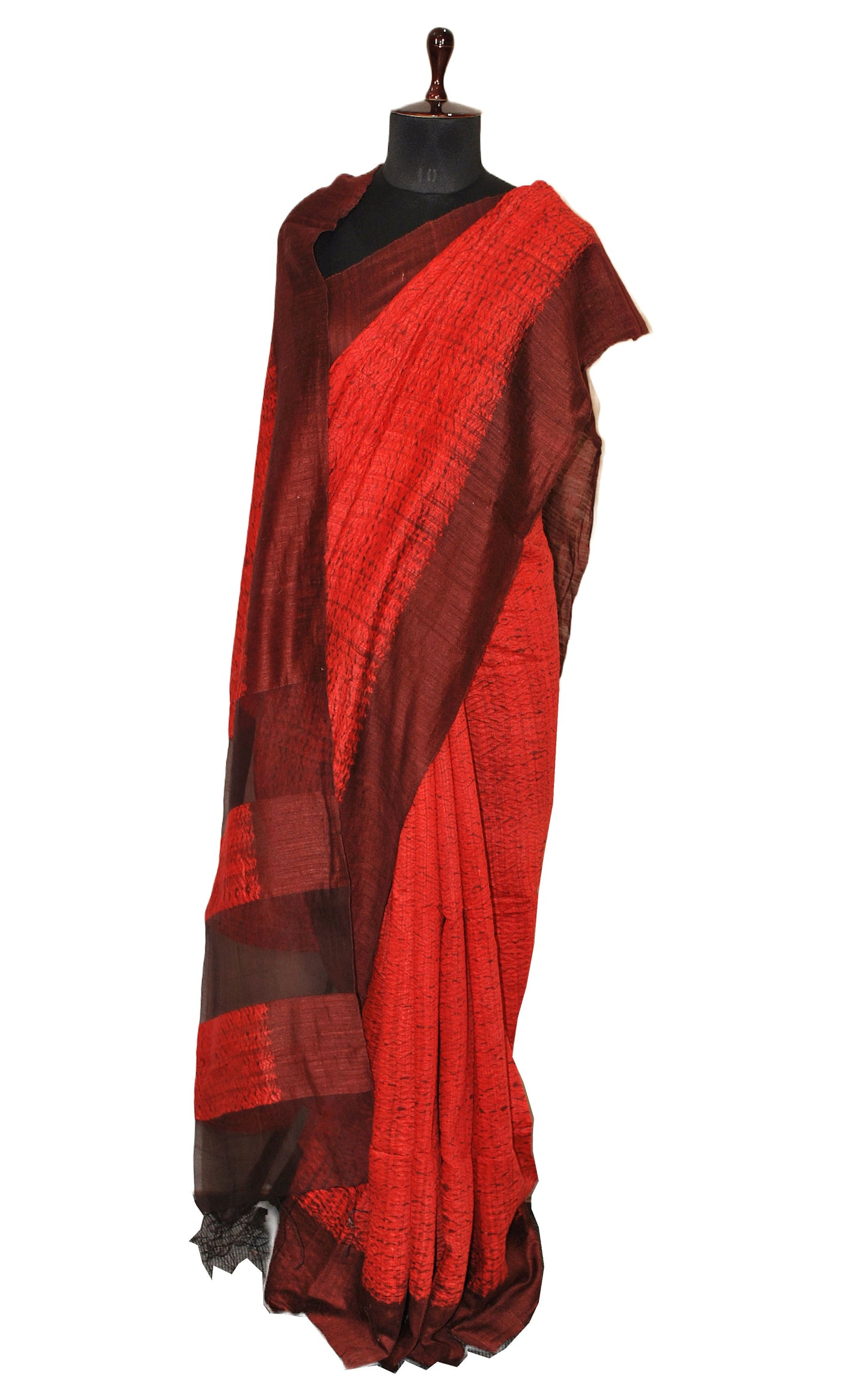 Pure Handloom Matka Shibori Saree in Red & Burgundy Brown