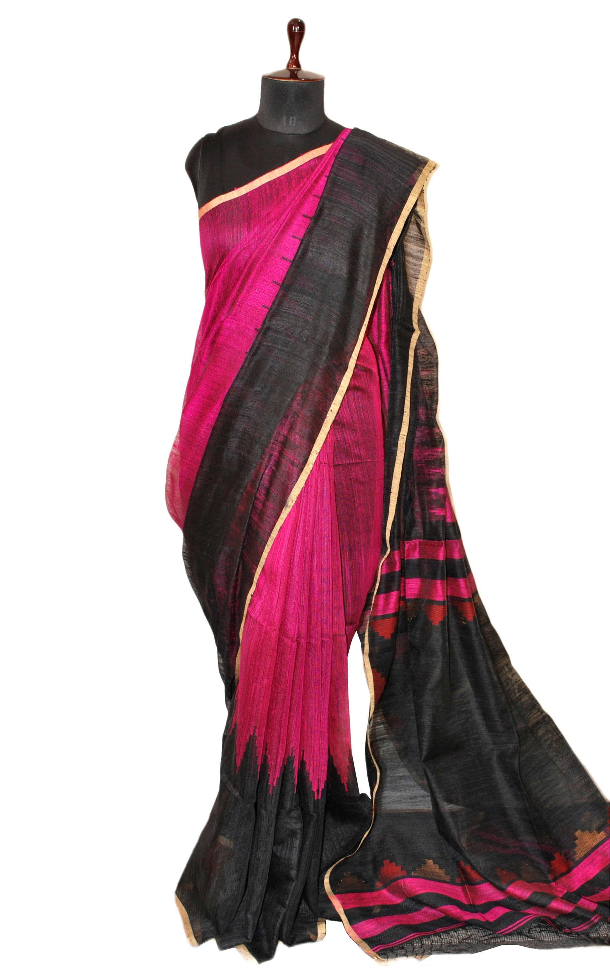 Designer Skirt Temple Border Matka Tussar Saree in Magenta, Black, Red and Gold