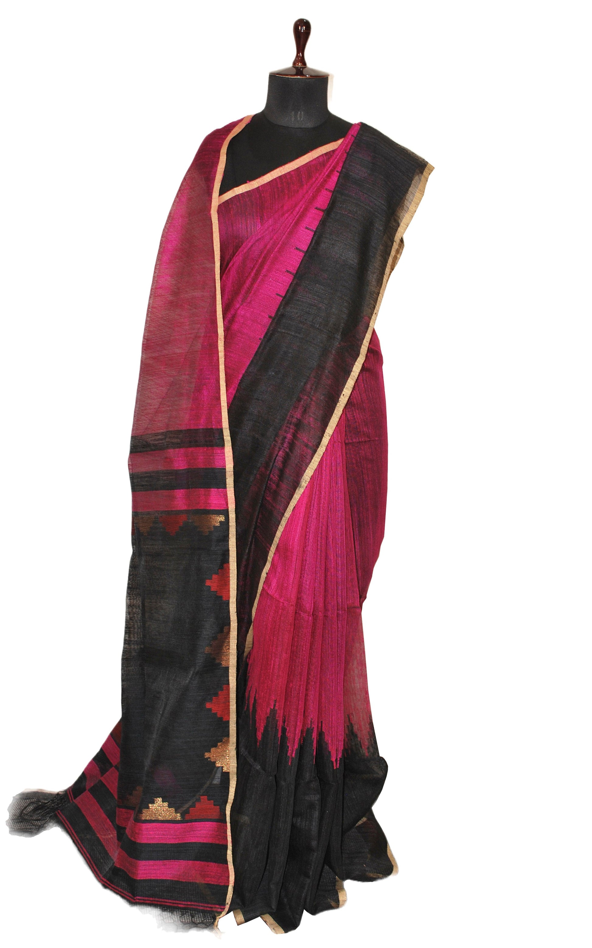 Designer Skirt Temple Border Matka Tussar Saree in Magenta, Black, Red and Gold