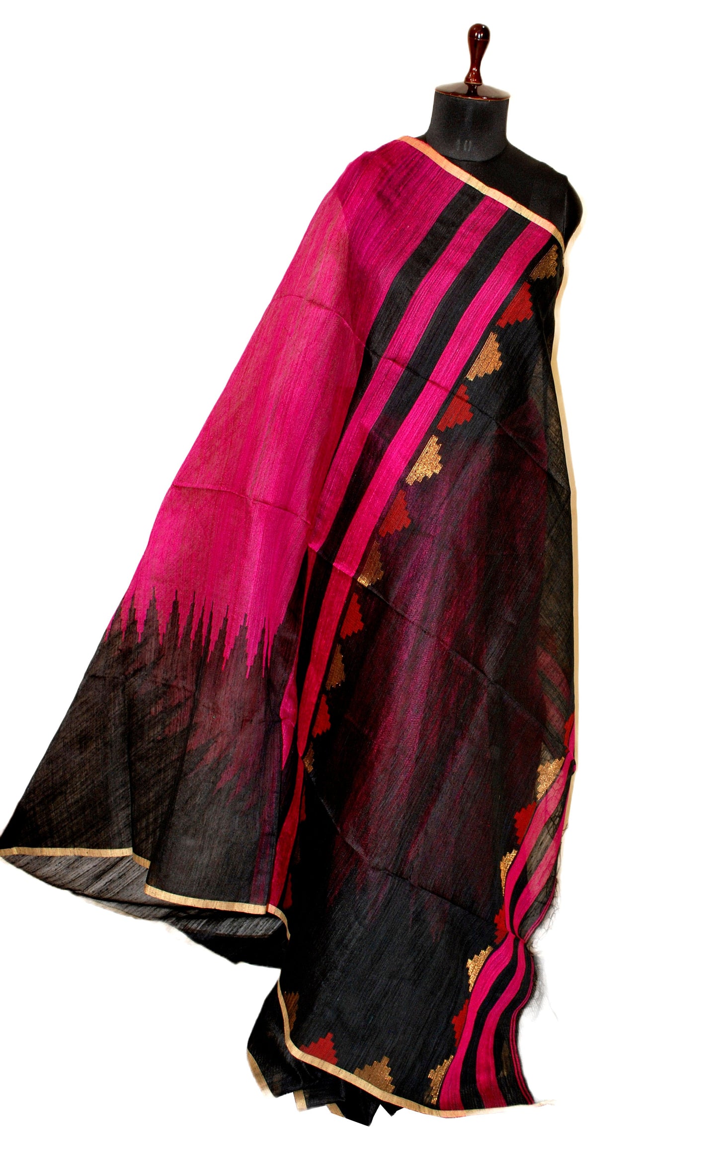 Designer Skirt Temple Border Matka Tussar Saree in Magenta, Black, Red and Gold