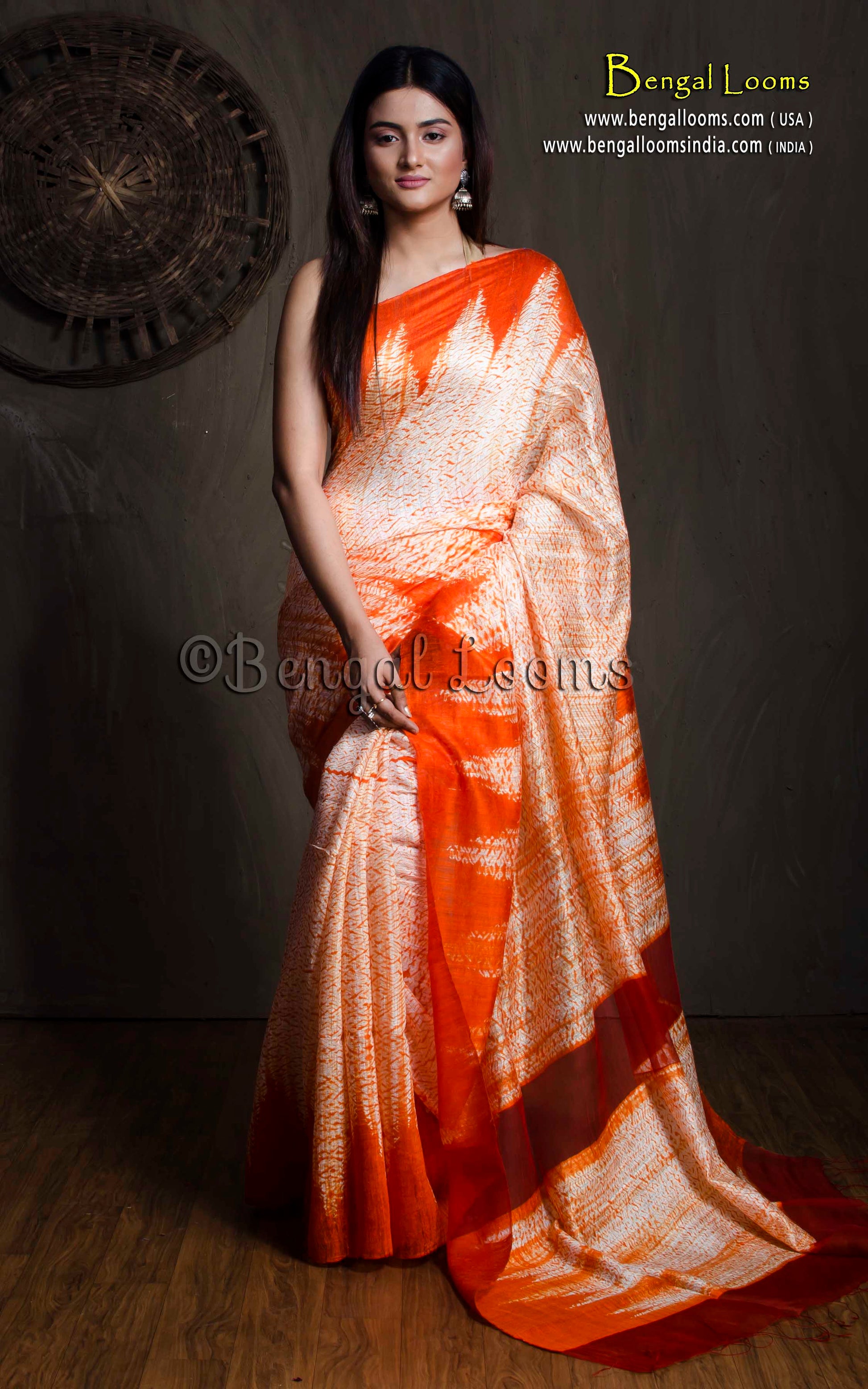 Pure Handloom Matka Shibori Saree in Beige & Orange