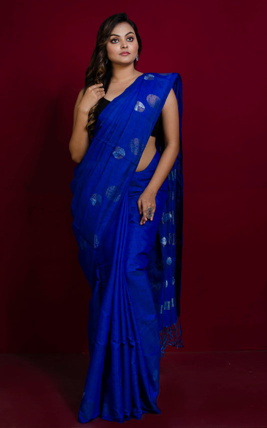 Premium Quality Kadiyal Dollar Butta Work Matka Tussar Saree in Royal Blue, Gold and Silver